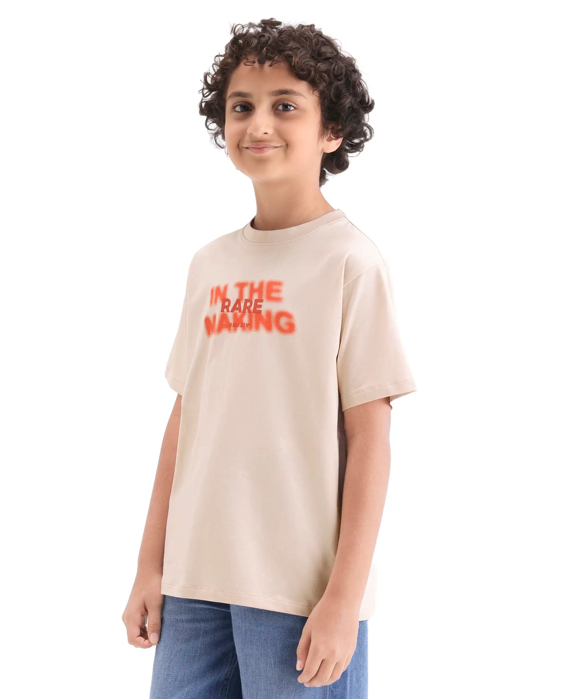 Boys Light Beige HD Print Regular Fit T-Shirt