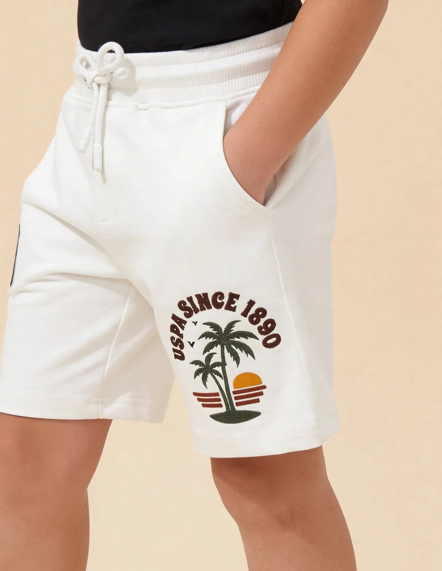 Boys Off White Cotton Logo Printed Shorts Regular Fit