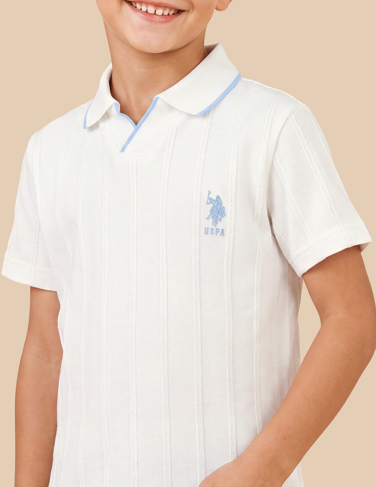 Boys Off White Cotton Vertical Striped Regular Fit Polo Shirt
