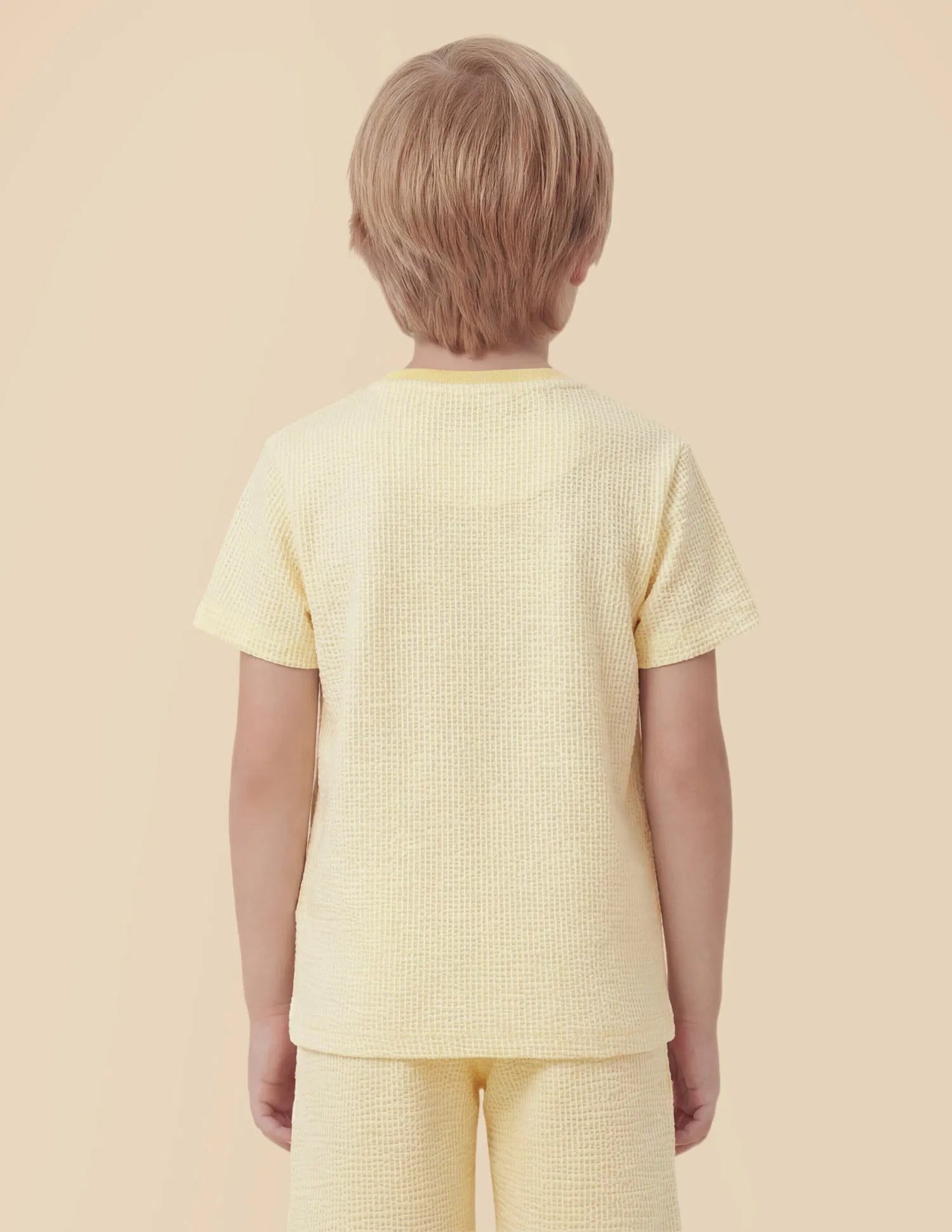 Boys Light Yellow Cotton Blend Textured Regular Fit T-Shirt