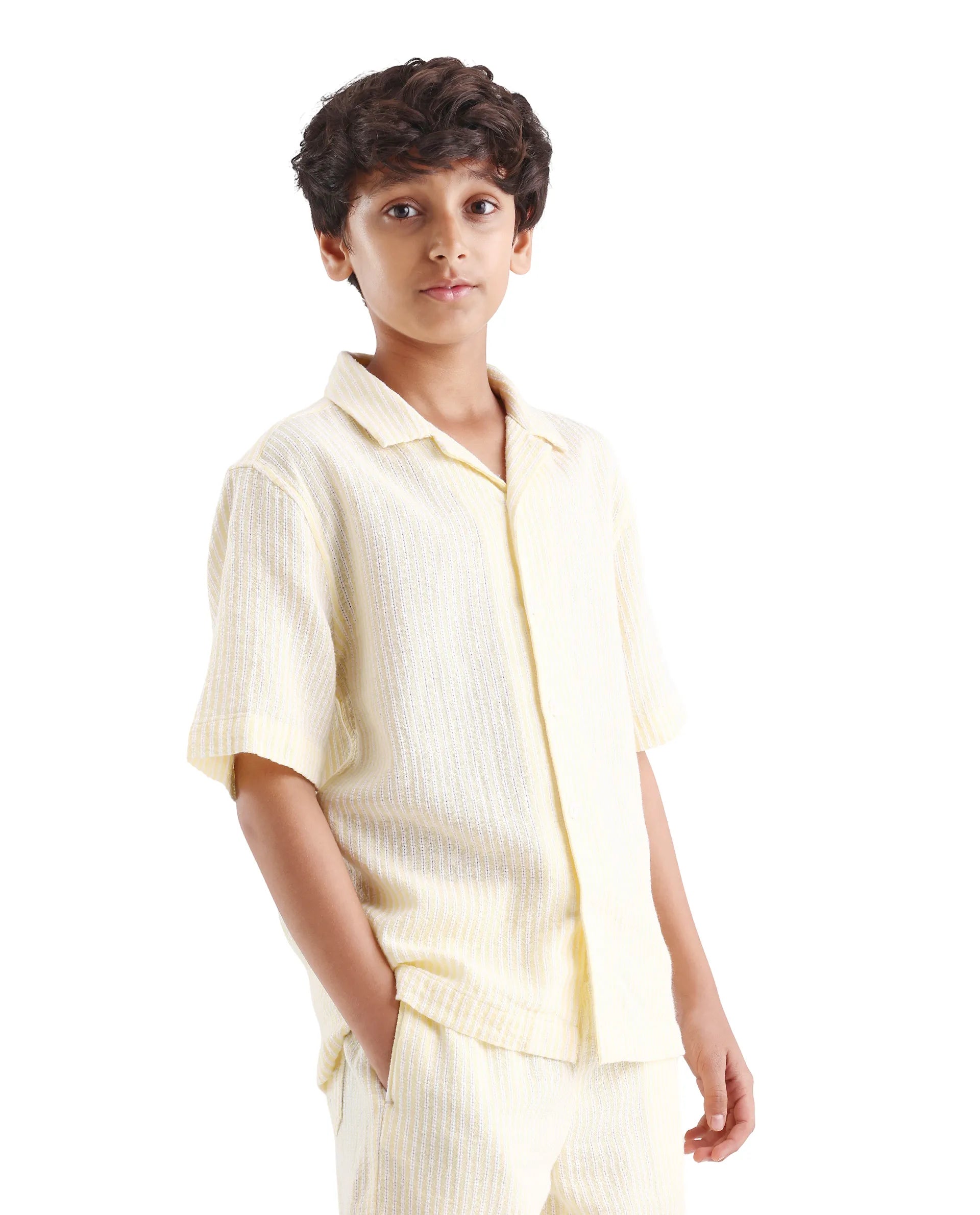 Boys Yellow Cotton Linen Boxy Fit Shirt