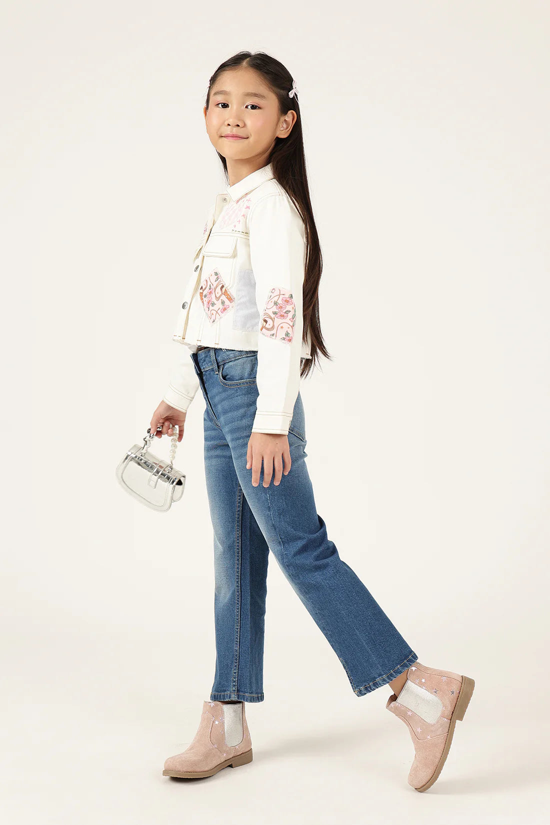 Girls Off White Abstract Cotton Drill Jacket