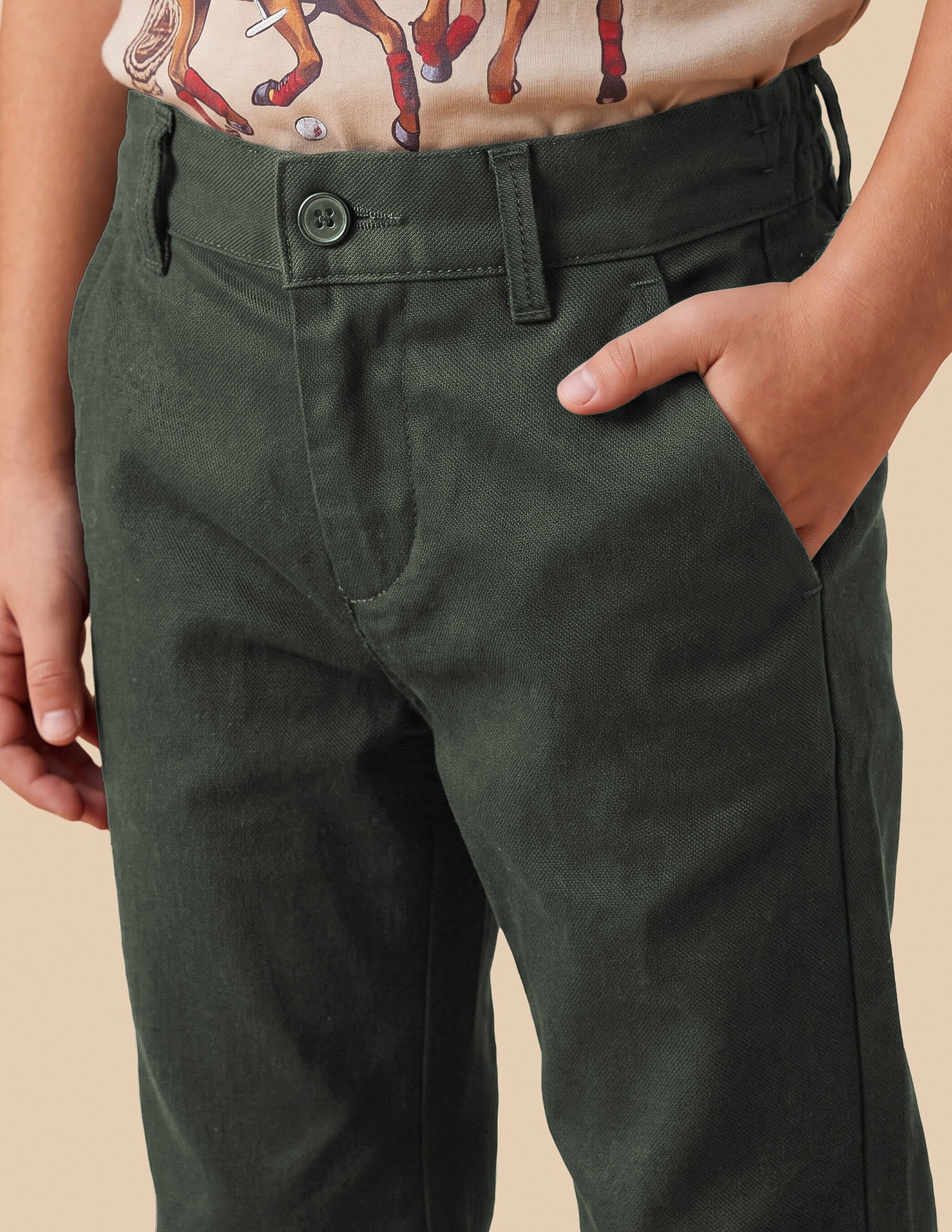 Boys Olive Cotton Stretch Dobby Trousers