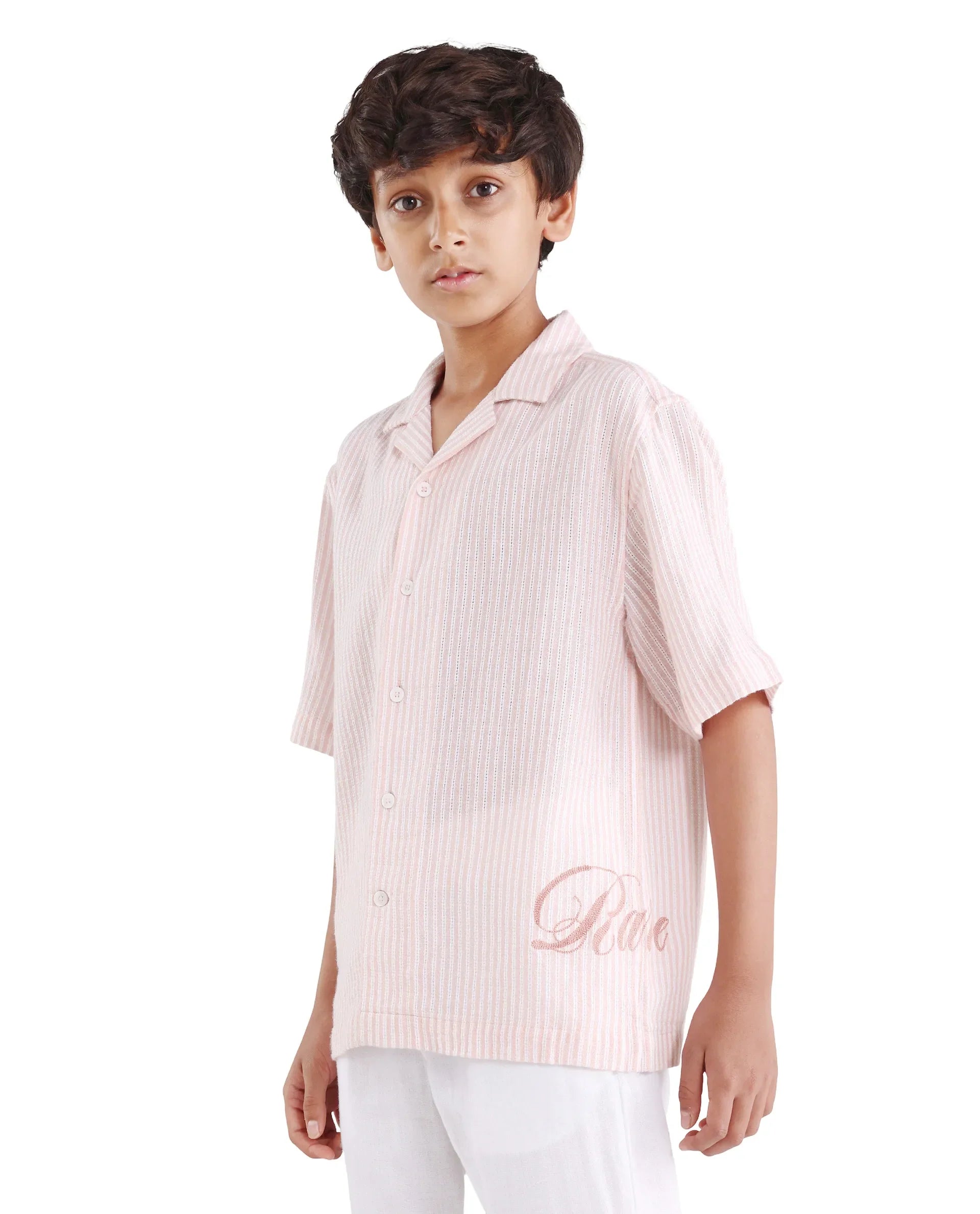 Boys Pastel Pink Cotton Linen Boxy Fit Shirt