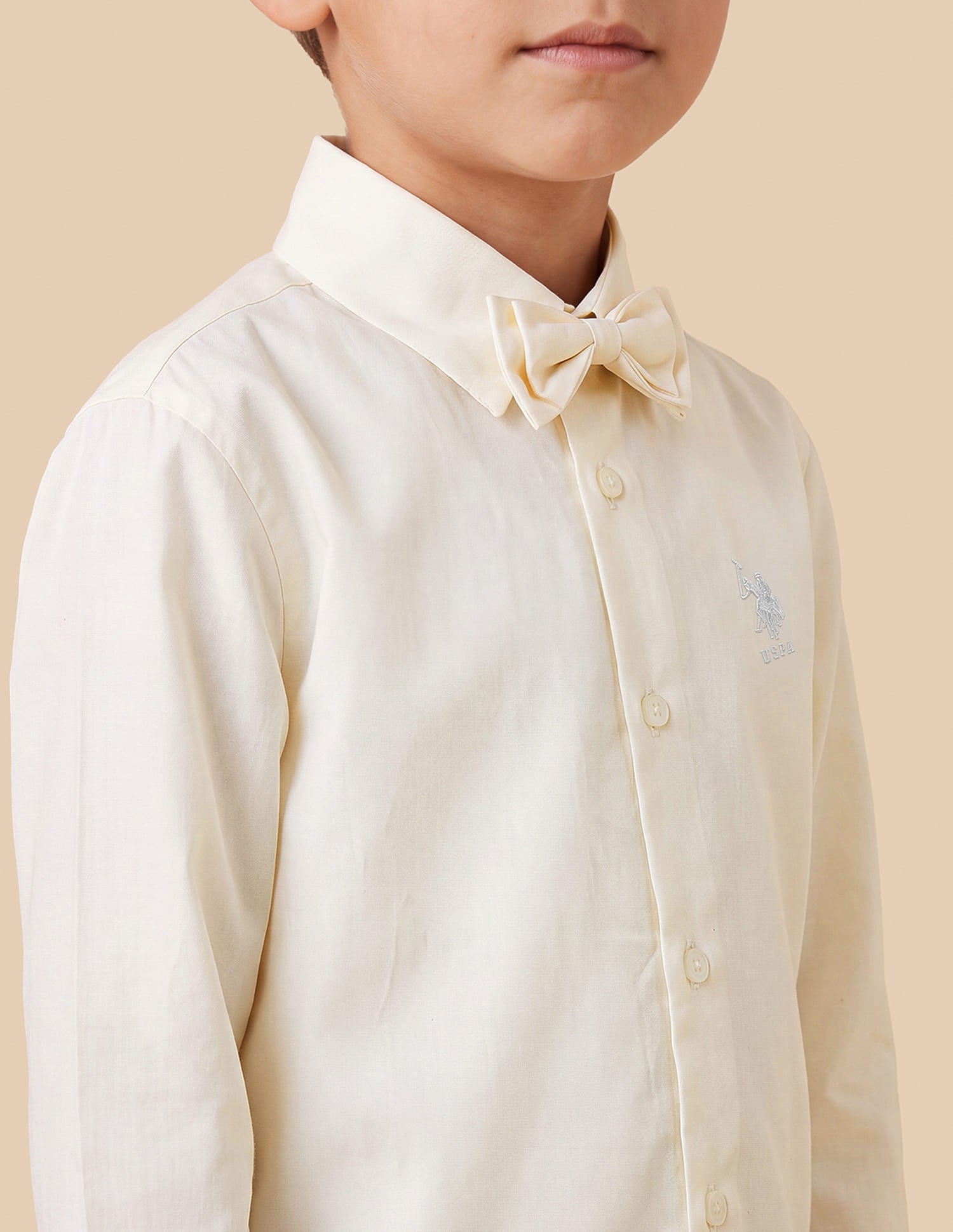 Boys Off White Cotton Satin Regular Fit Shirt