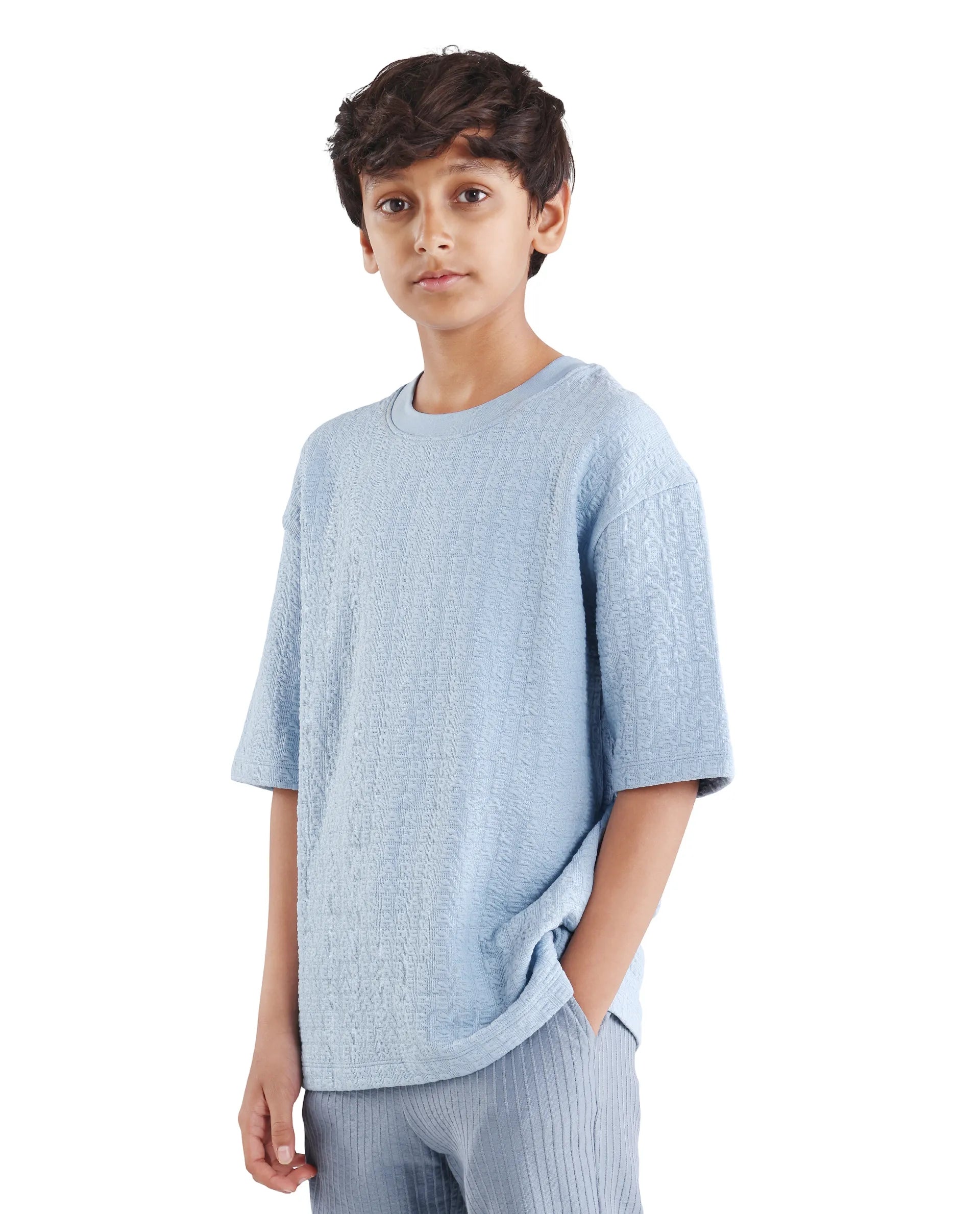 Boys Blue Jacquard Oversized Polyester Blend T-Shirt
