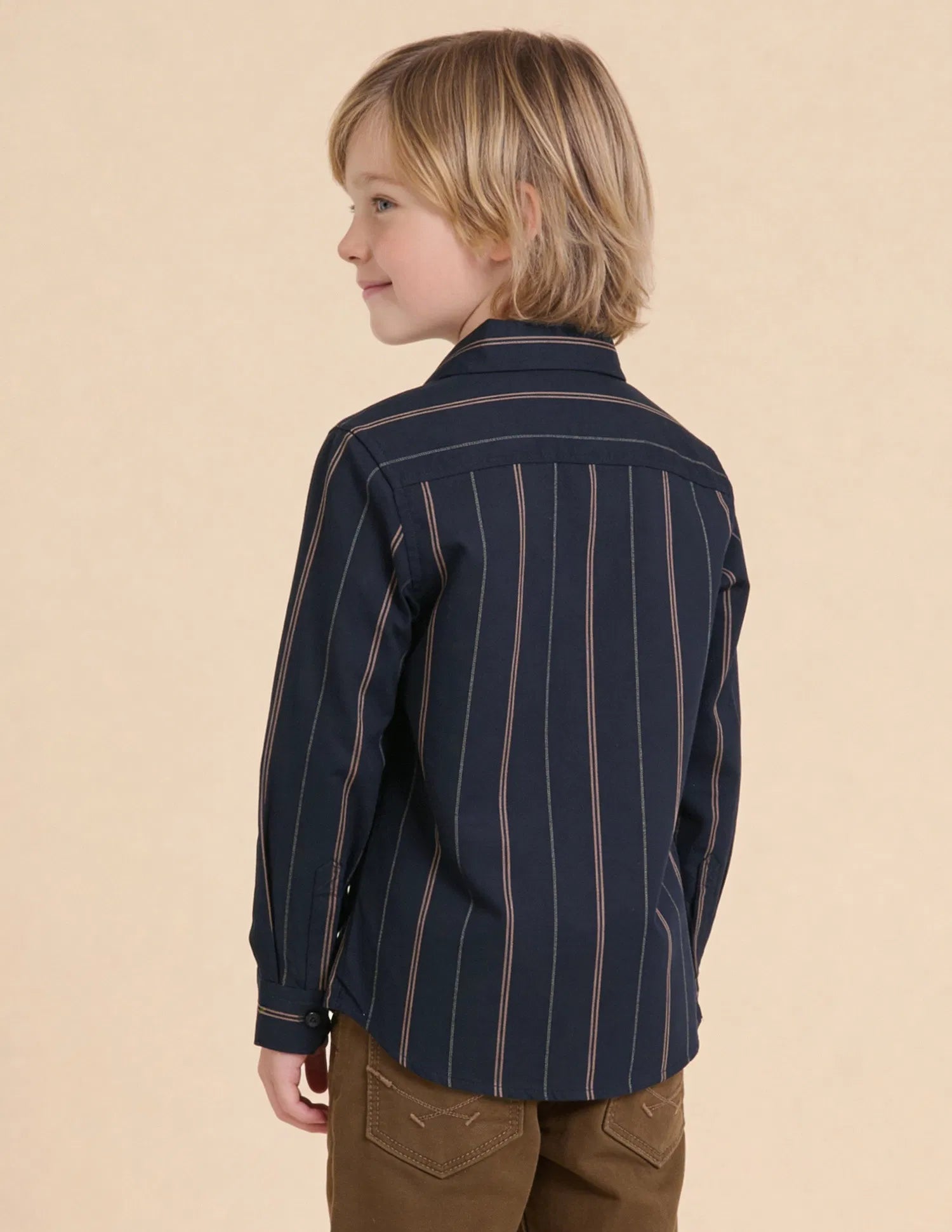 Boys Navy Vertical Striped Cotton Shirt – Regular Fit