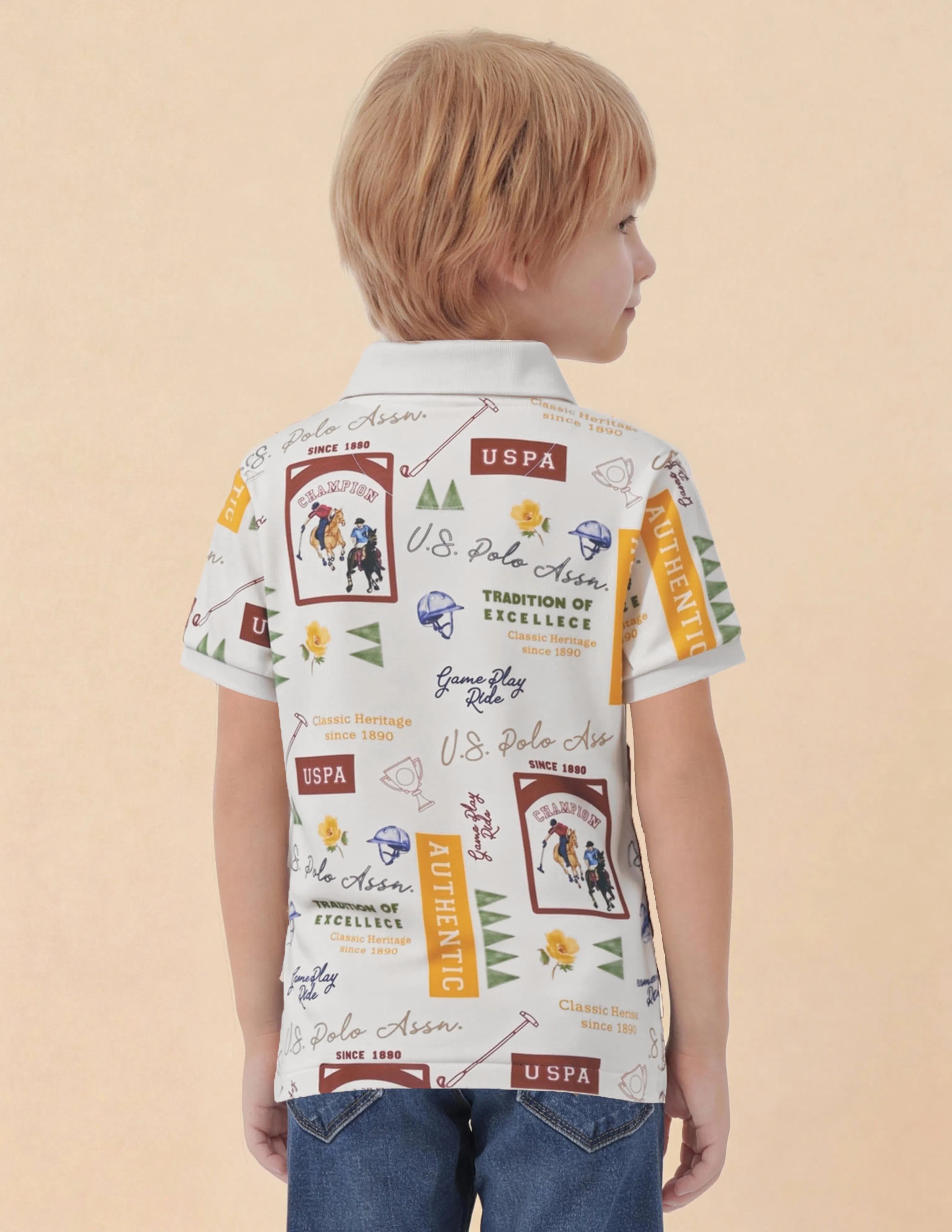 Boys Off White Cotton Graphic Print Regular Fit Polo Shirt