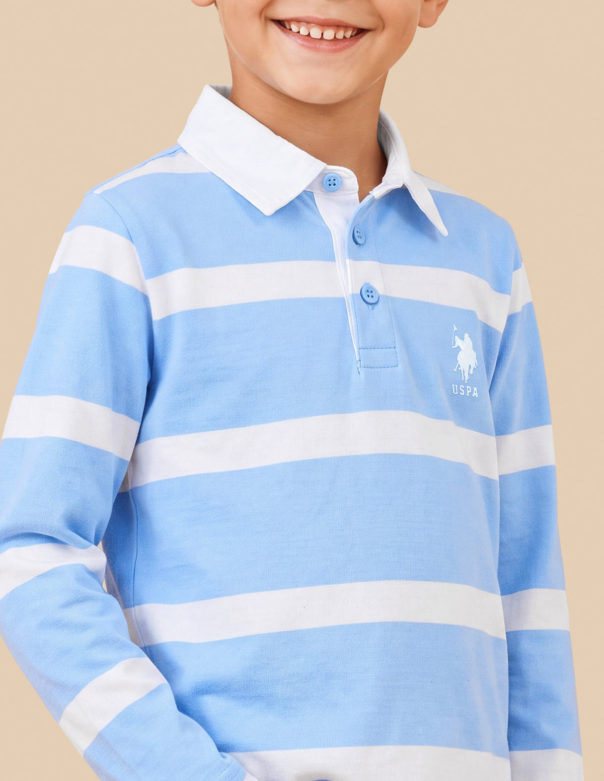 Boys Blue Cotton Horizontal Striped Regular Fit Polo Shirt