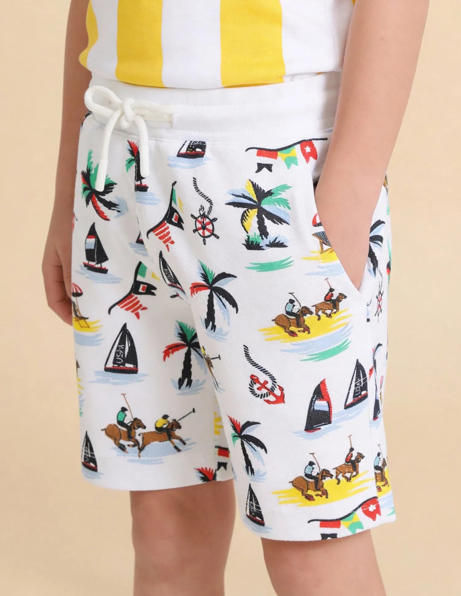 Boys White Cotton Graphic Printed Bermuda Shorts