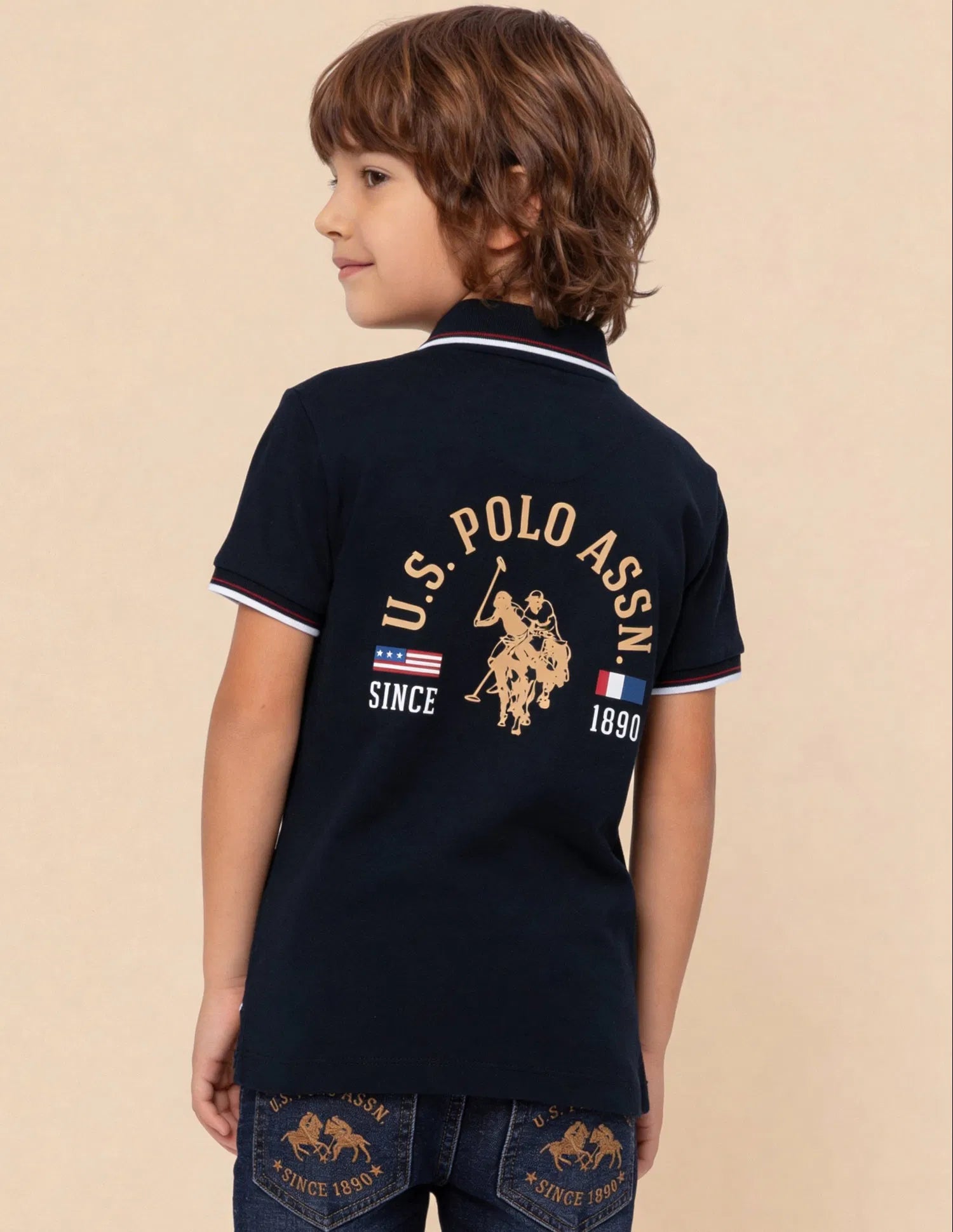 Boys Navy Cotton Graphic Print Regular Fit Polo Shirt