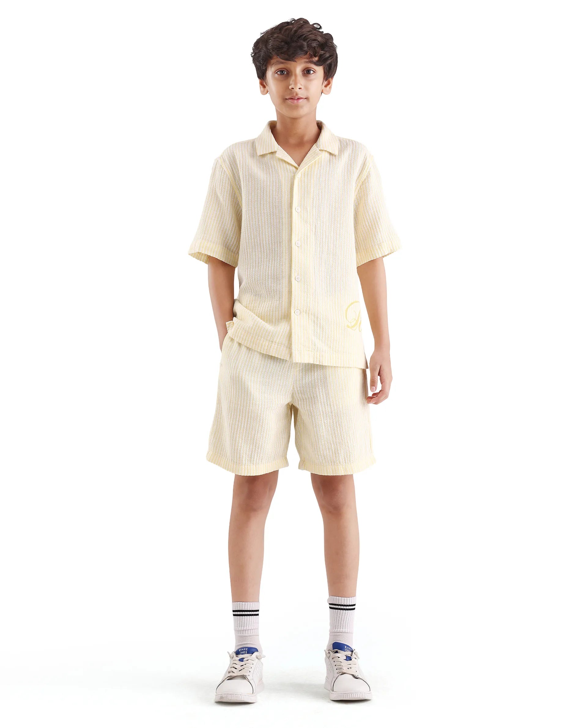 Boys Yellow Cotton Linen Regular Fit Shorts