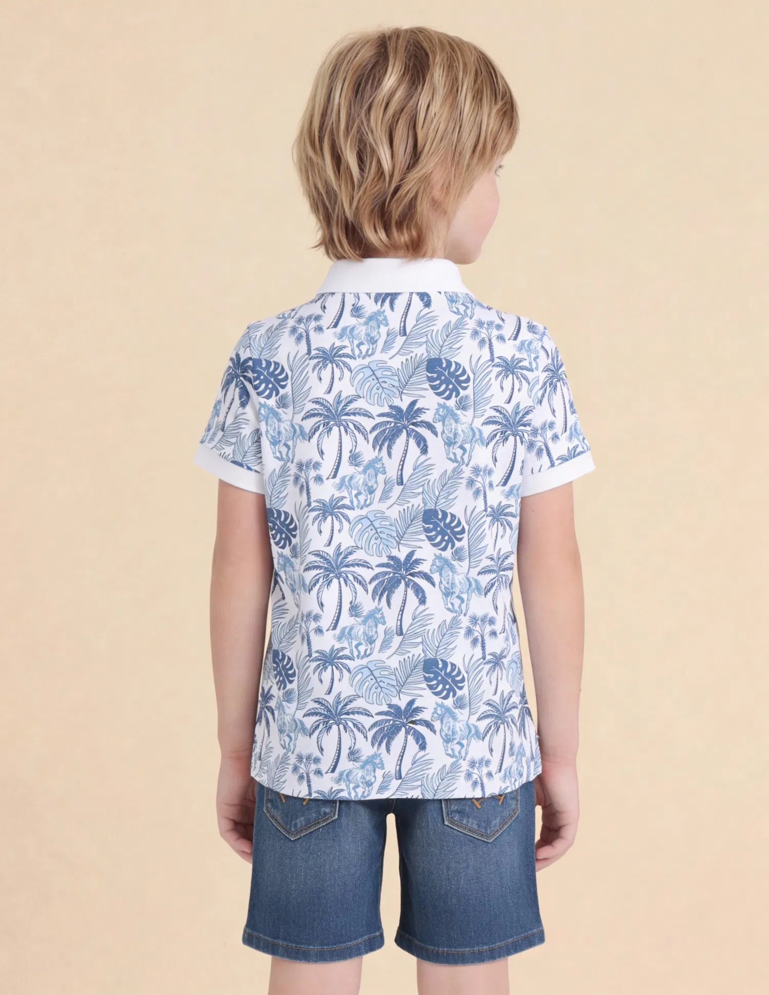 Boys Off White Cotton All-Over Print Regular Fit Polo Shirt