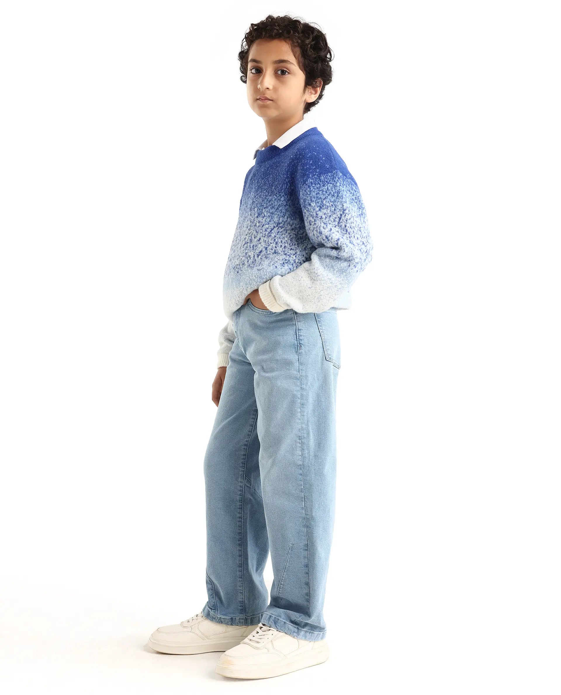 Boys Light Blue Slouchy Fit Button-Zip Jeans