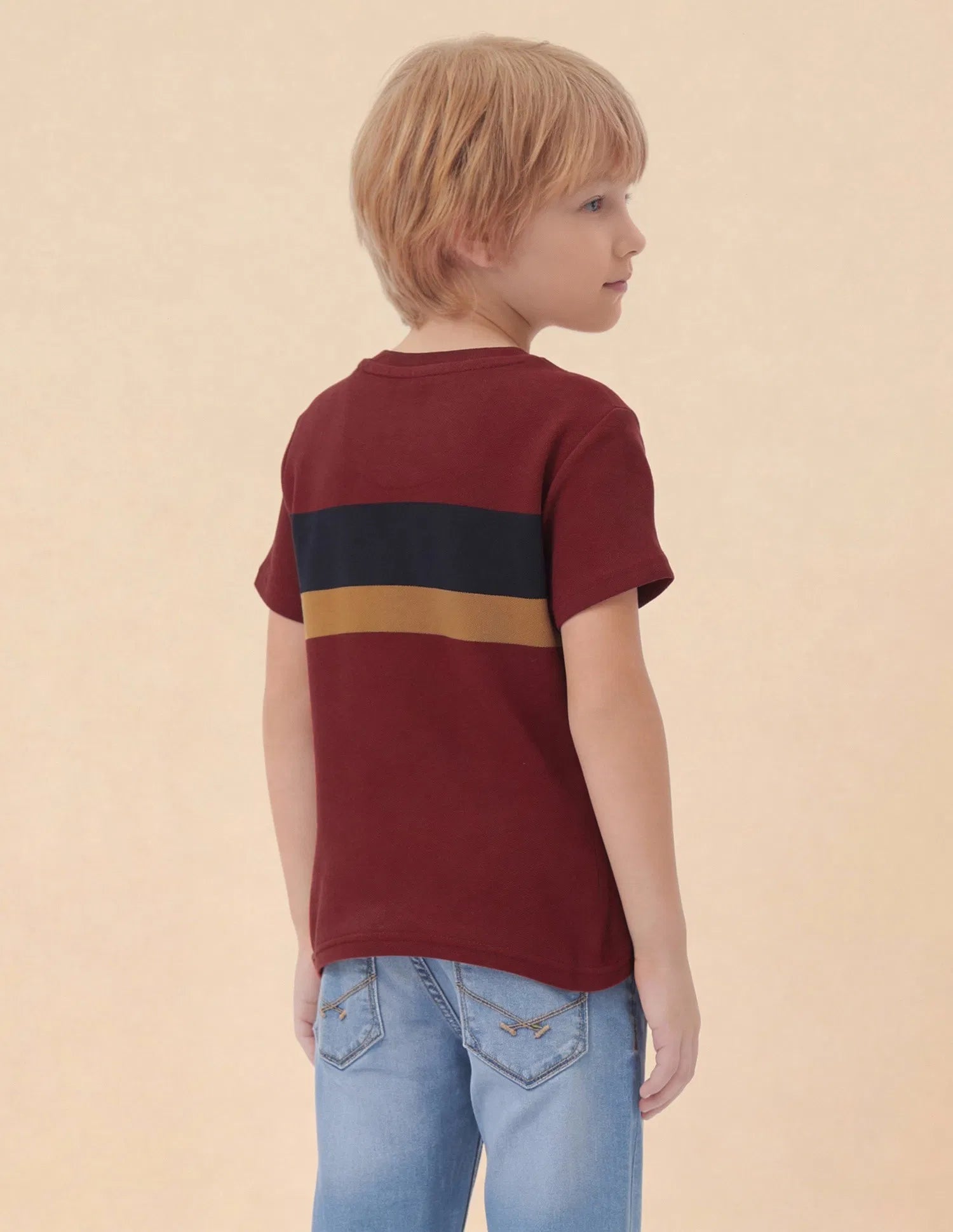 Boys Dark Red Cotton Colour Block Logo T-Shirt