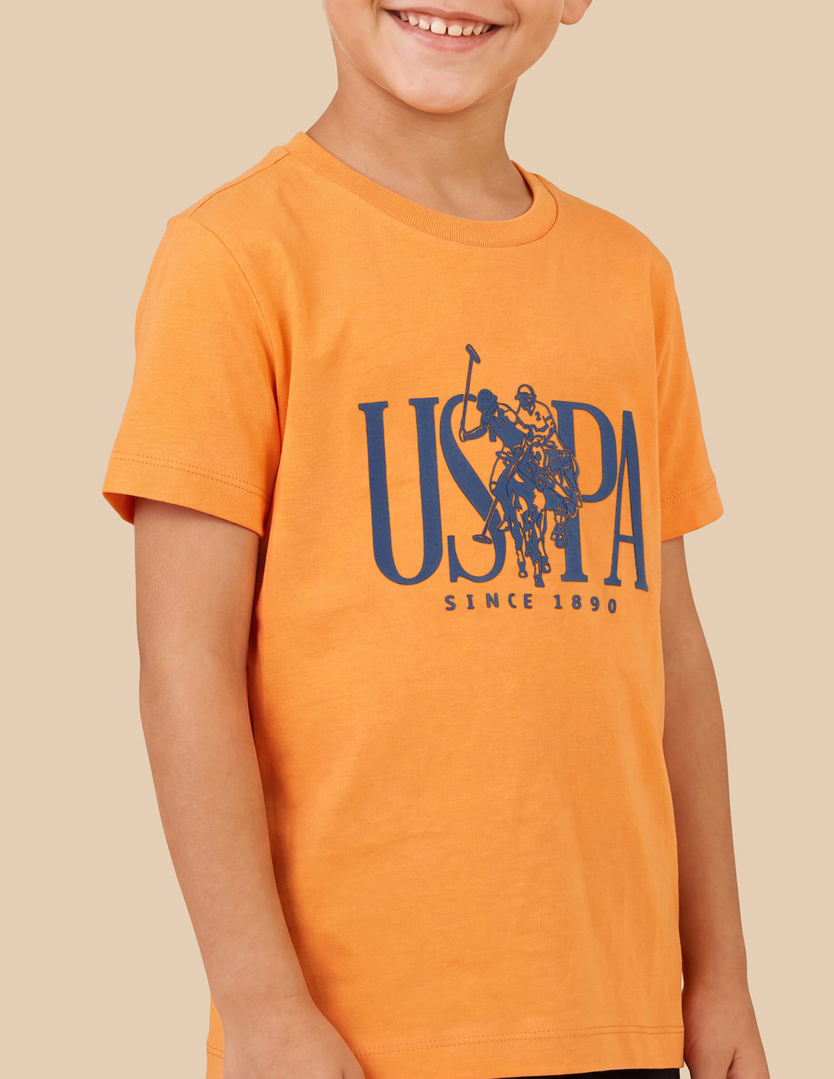 Boys Light Orange Cotton Logo Print Regular Fit T-Shirt