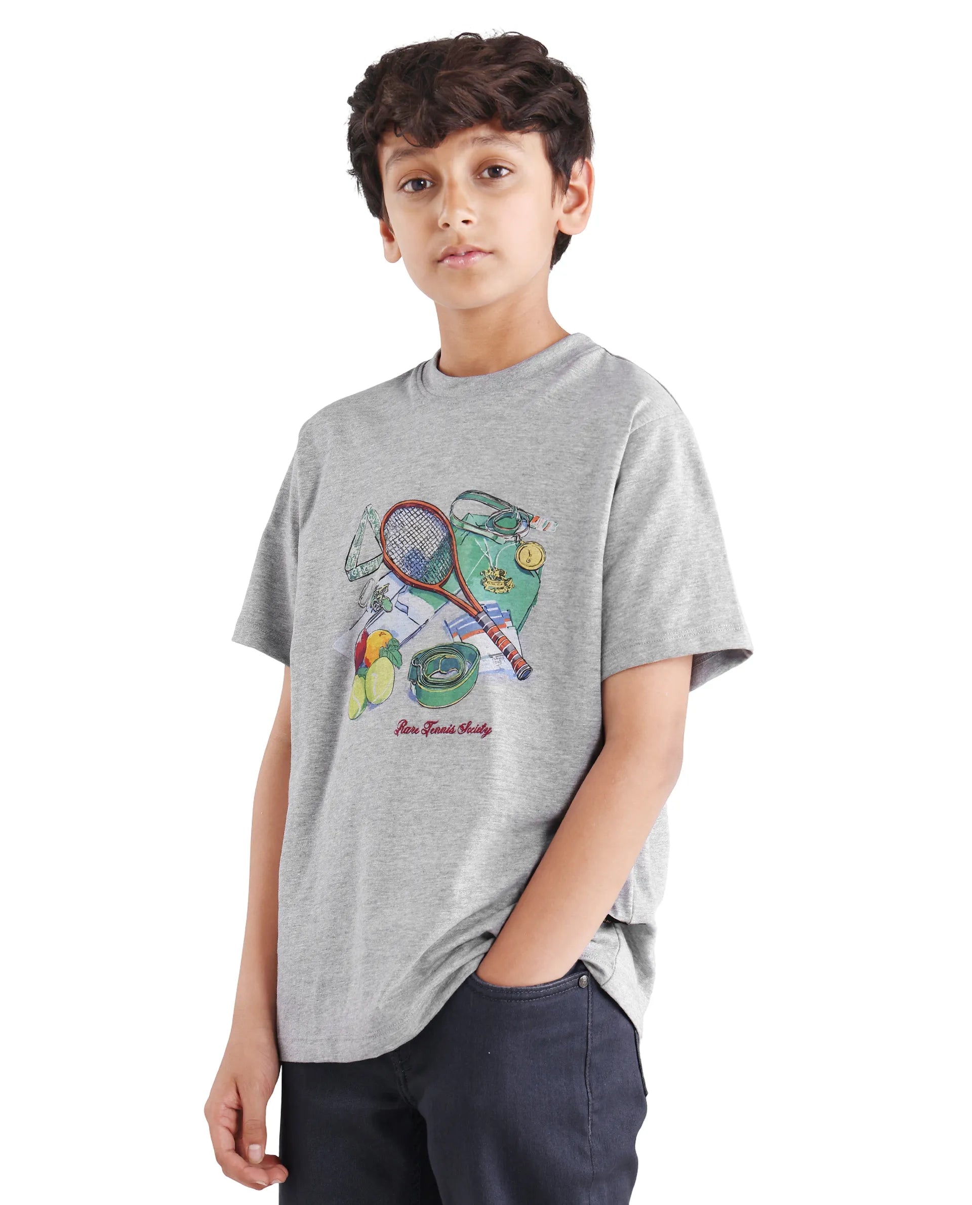 Boys Melange Grey Digital Print Regular Fit T-Shirt