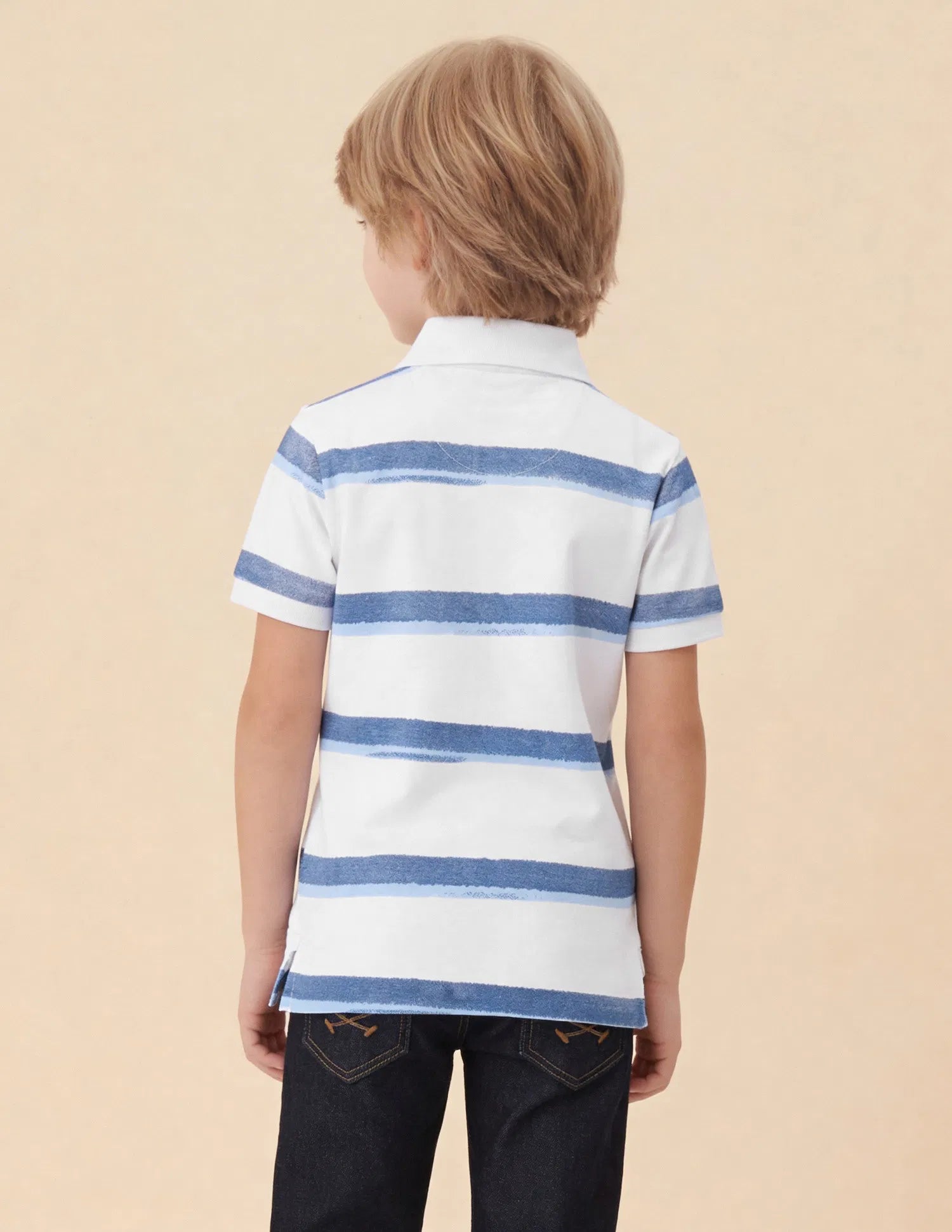 Boys White Cotton Horizontal Striped Regular Fit Polo Shirt