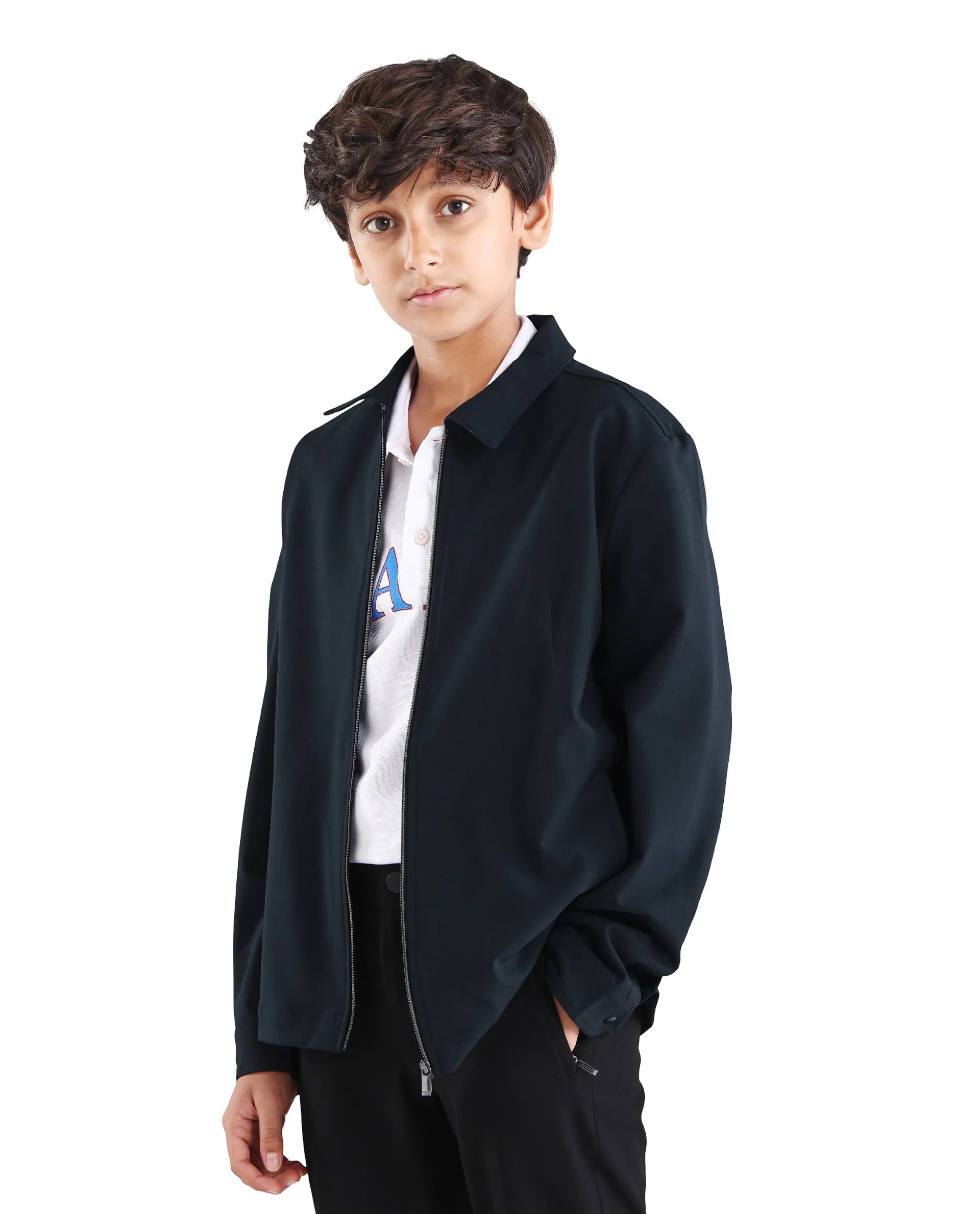 Boys Navy Viscose Blend Zipper Shacket