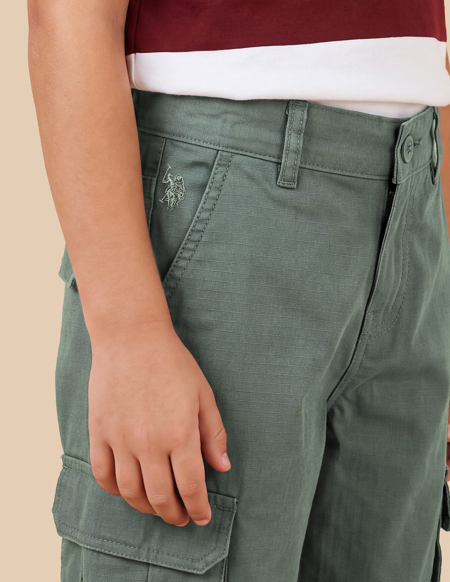 Boys Green Cotton Relaxed Fit Cargo Trousers