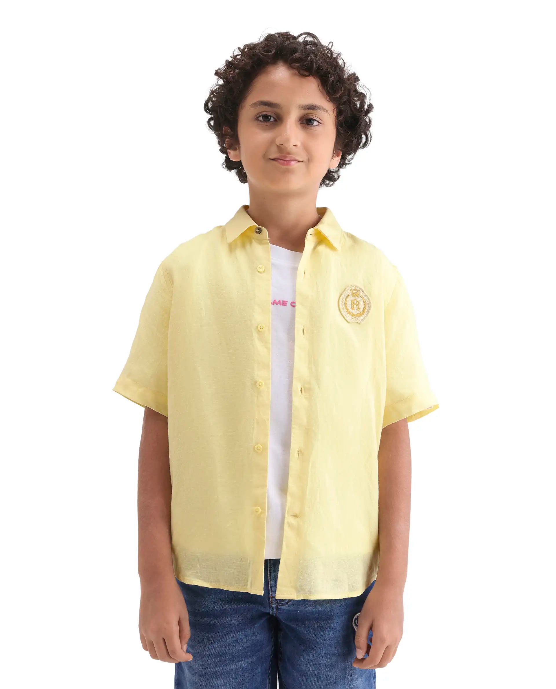 Boys Yellow Linen Blend Regular Fit Shirt