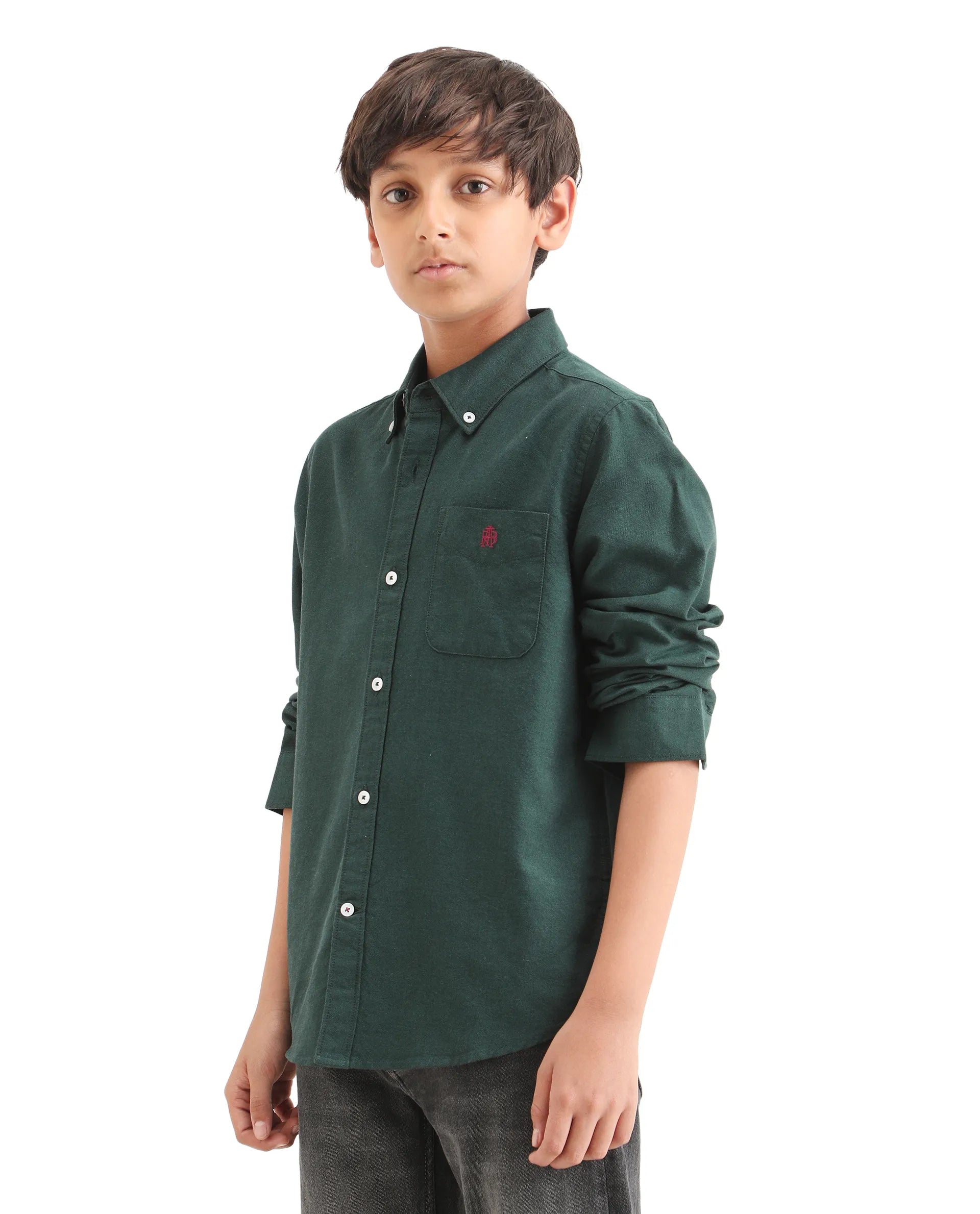 Boys Dark Green Cotton Regular Fit Shirt