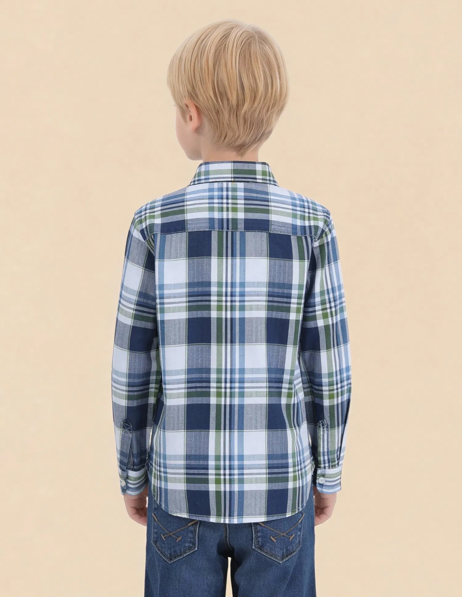 Boys Indigo Tartan Checked Cotton Twill Shirt – Regular Fit