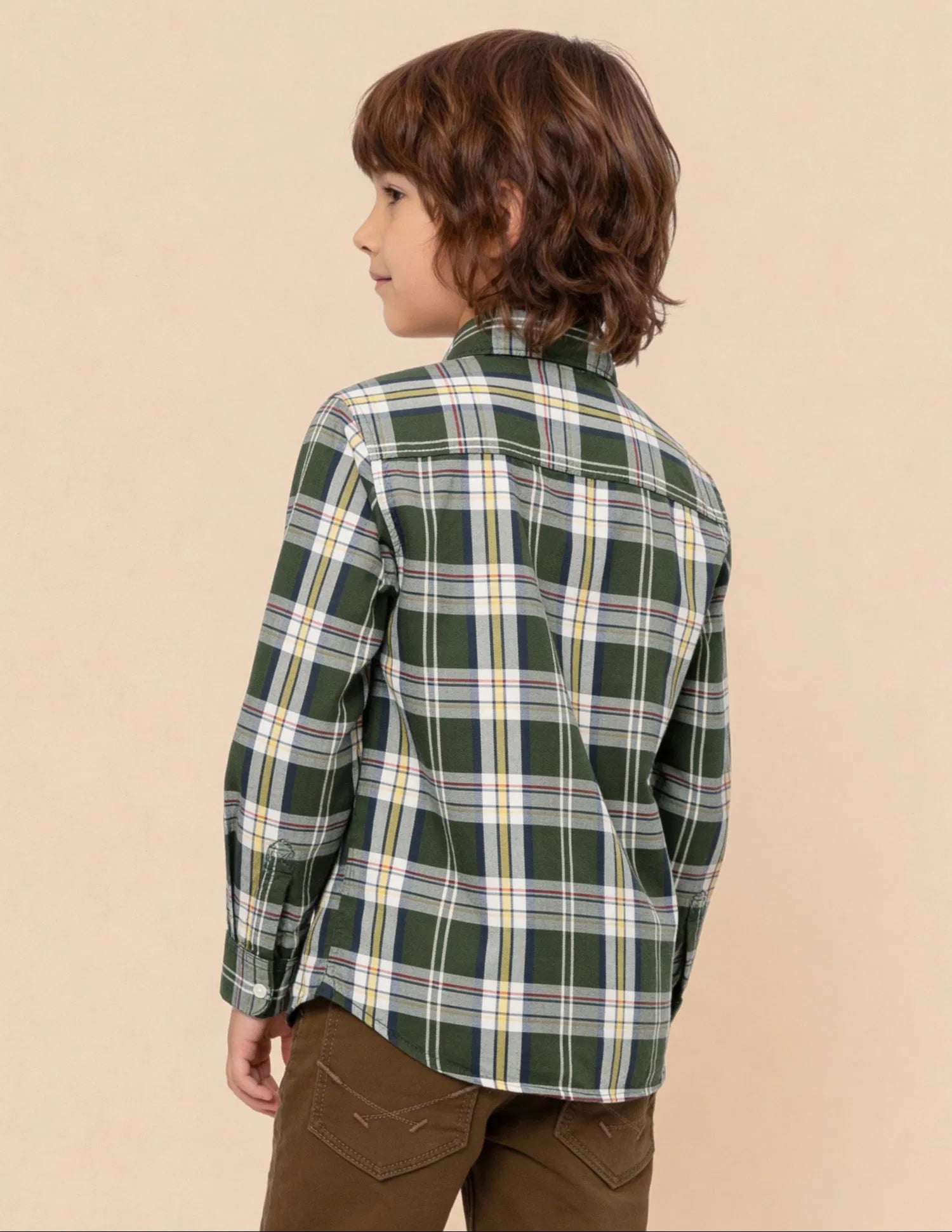 Boys Olive Plaid Checked Cotton Twill Shirt – Regular Fit