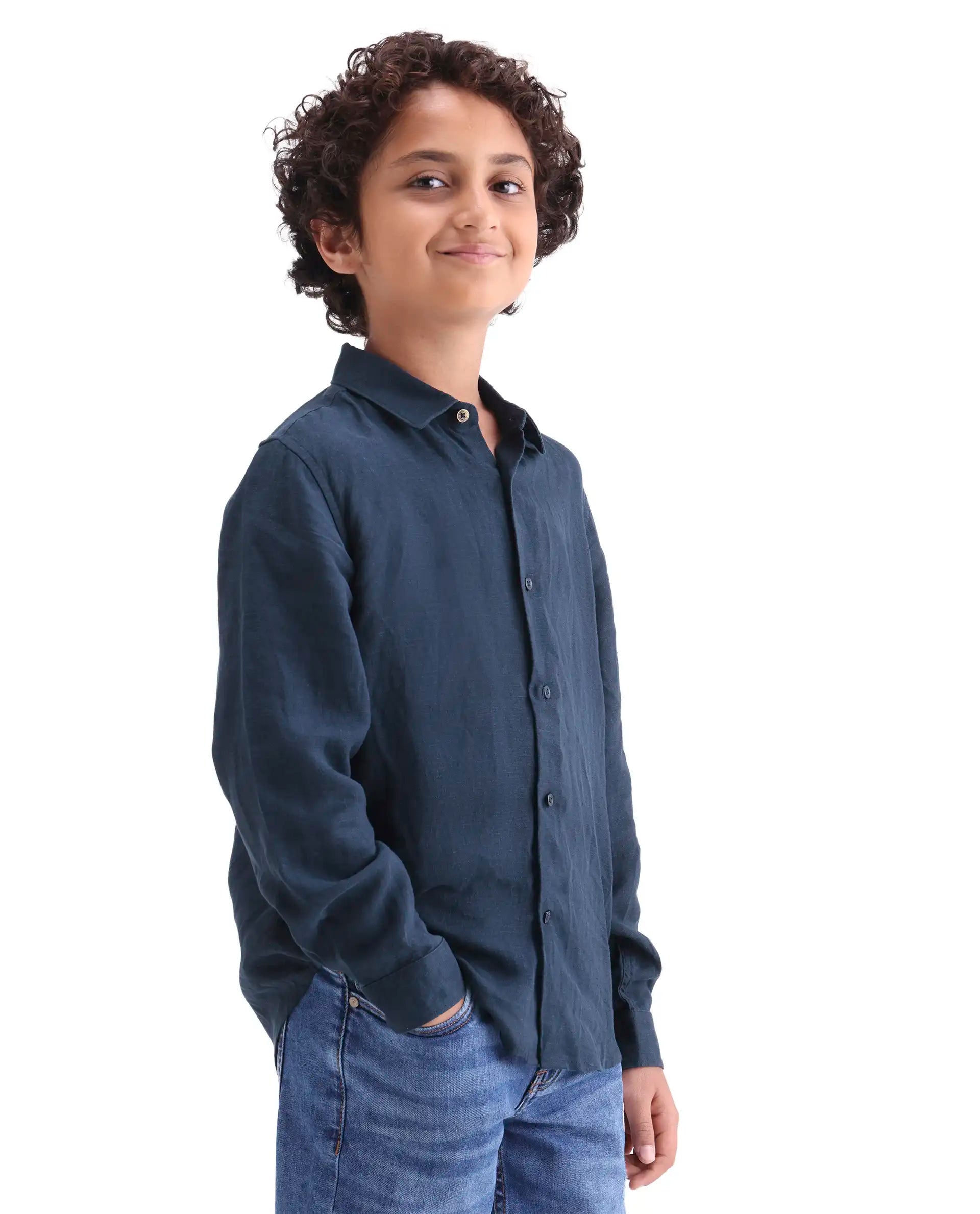 Boys Dark Navy Linen Blend Regular Fit Shirt