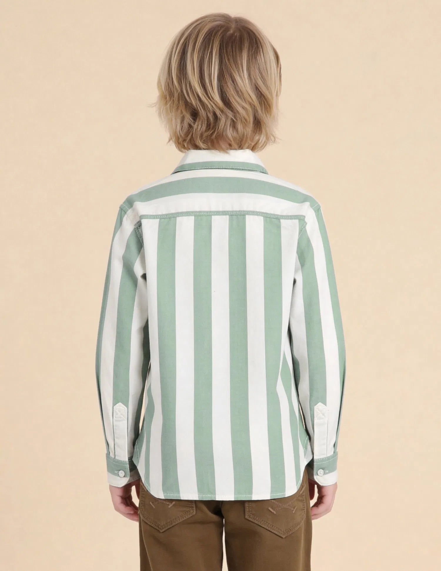Boys Green Vertical Striped Cotton Twill Shirt – Regular Fit