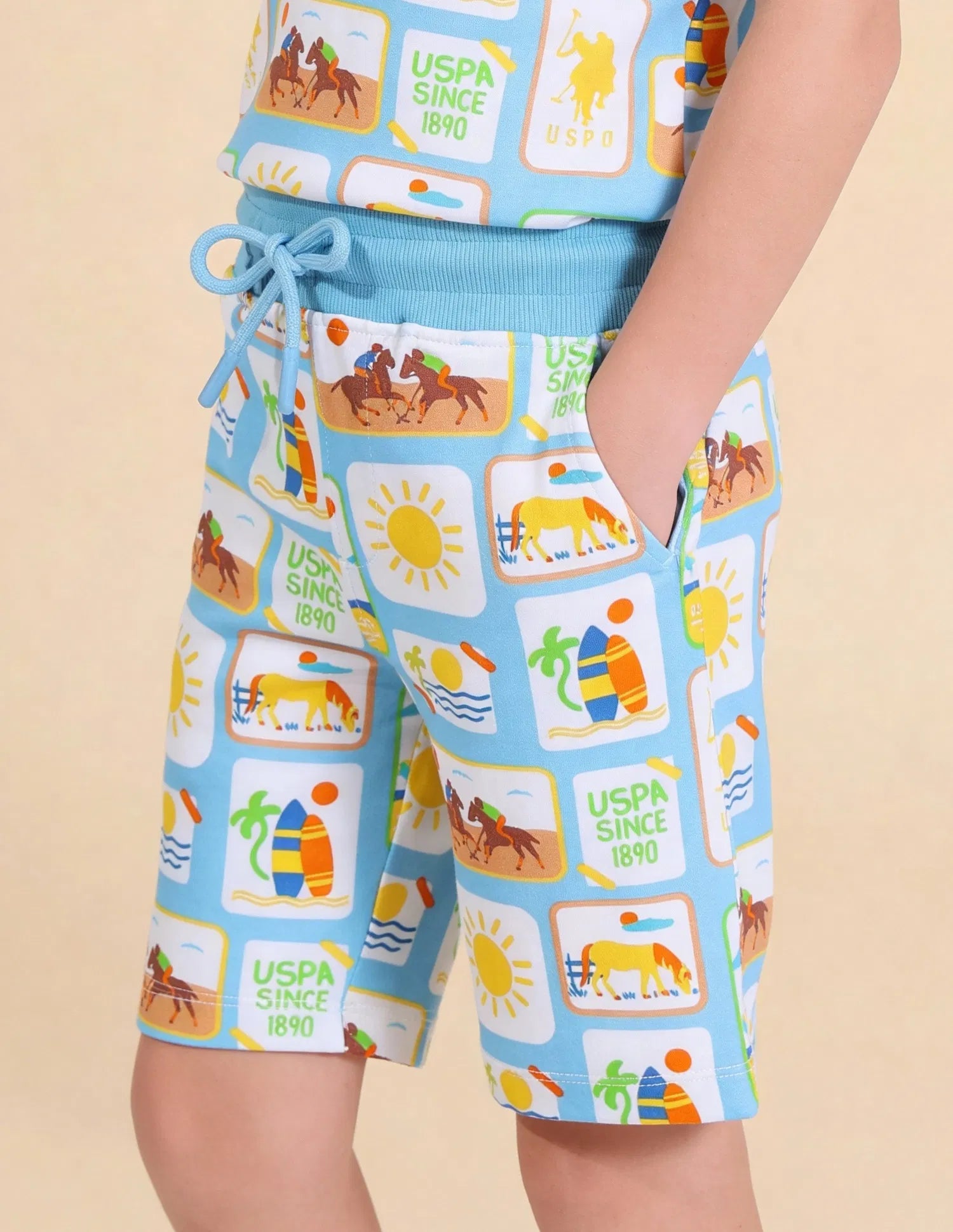 Boys Light Blue Graphic Printed Cotton Shorts Regular Fit