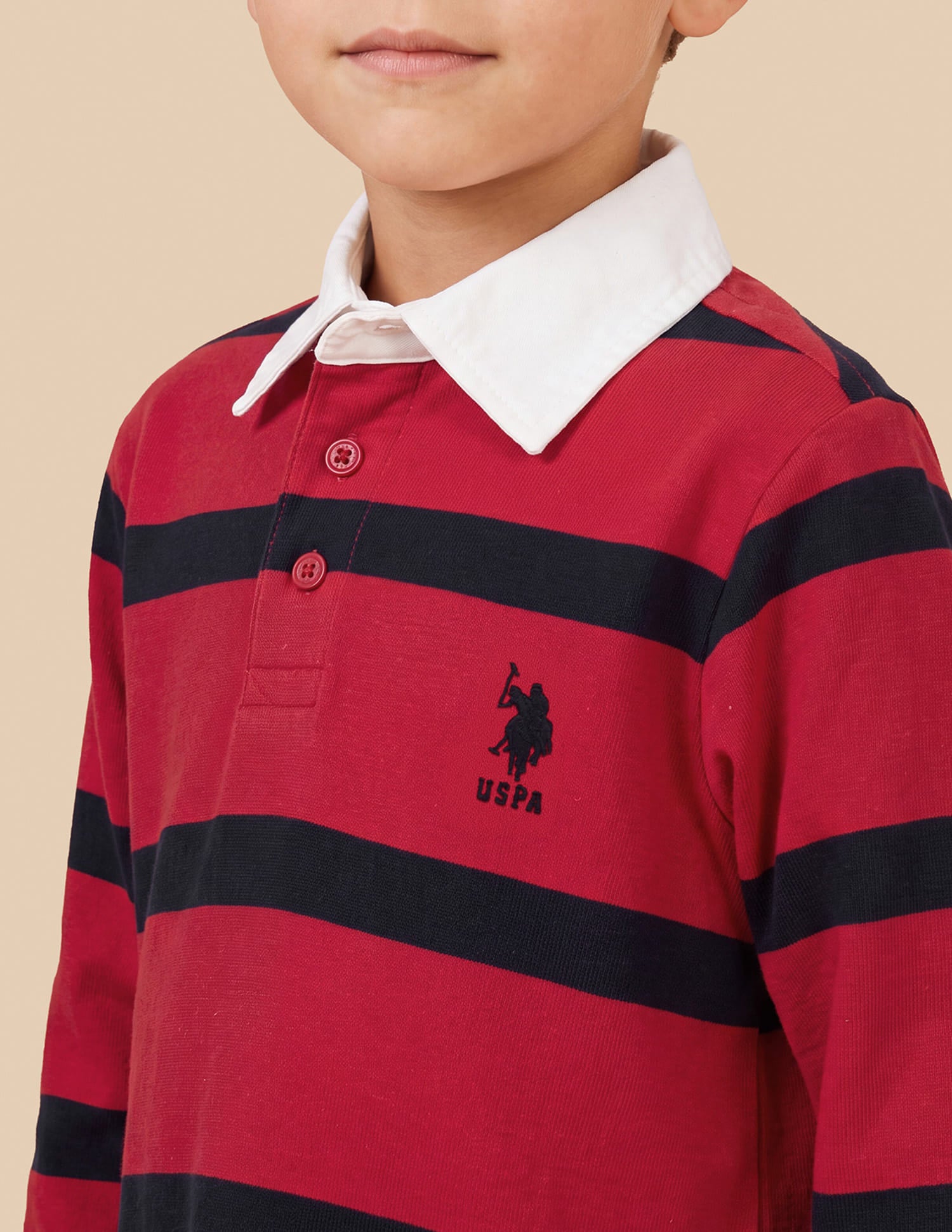 Boys Red Cotton Horizontal Striped Regular Fit Polo Shirt