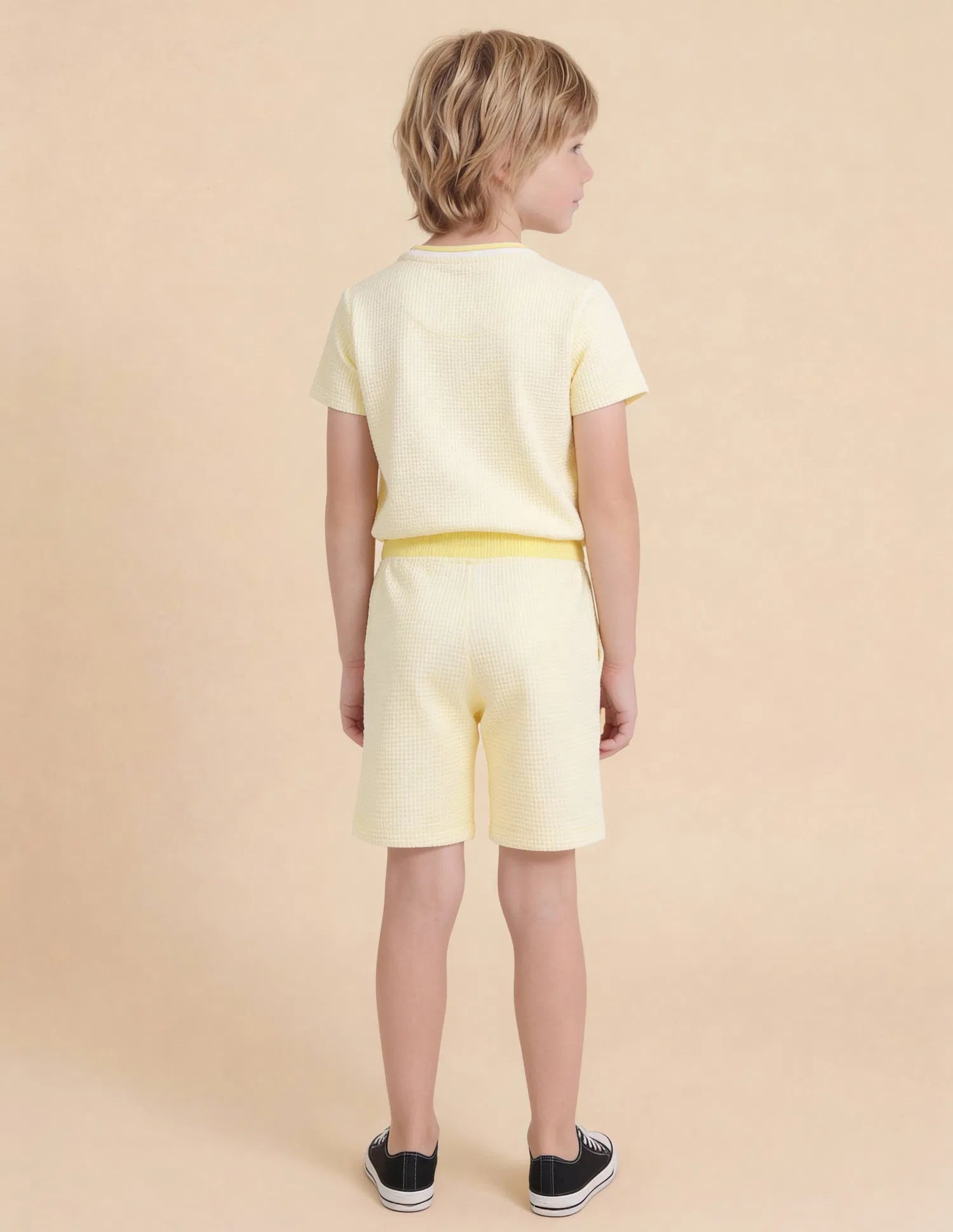 Boys Light Yellow Textured Cotton Blend Shorts Regular Fit
