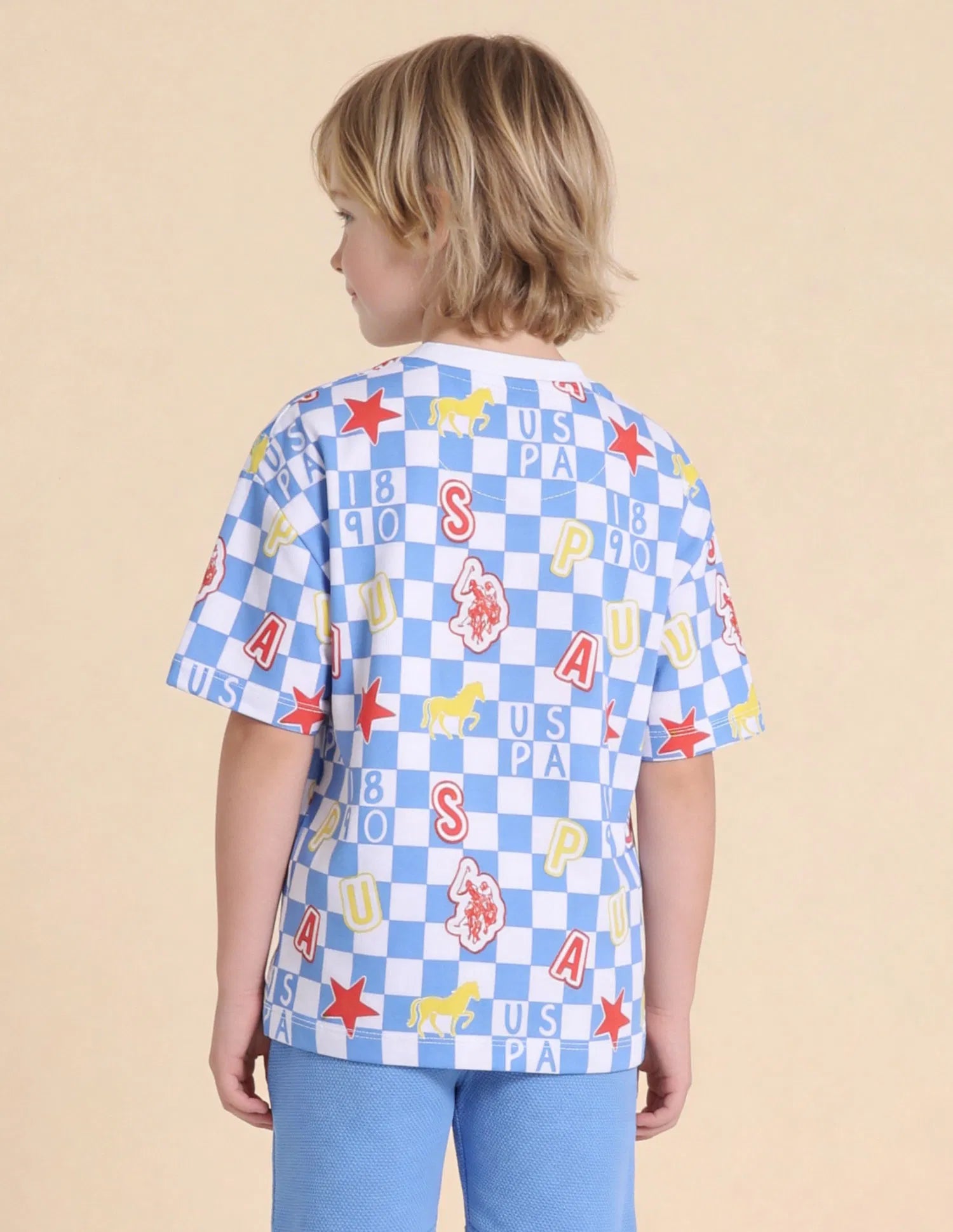Boys Light Blue Checked Cotton T-Shirt – Oversized Fit