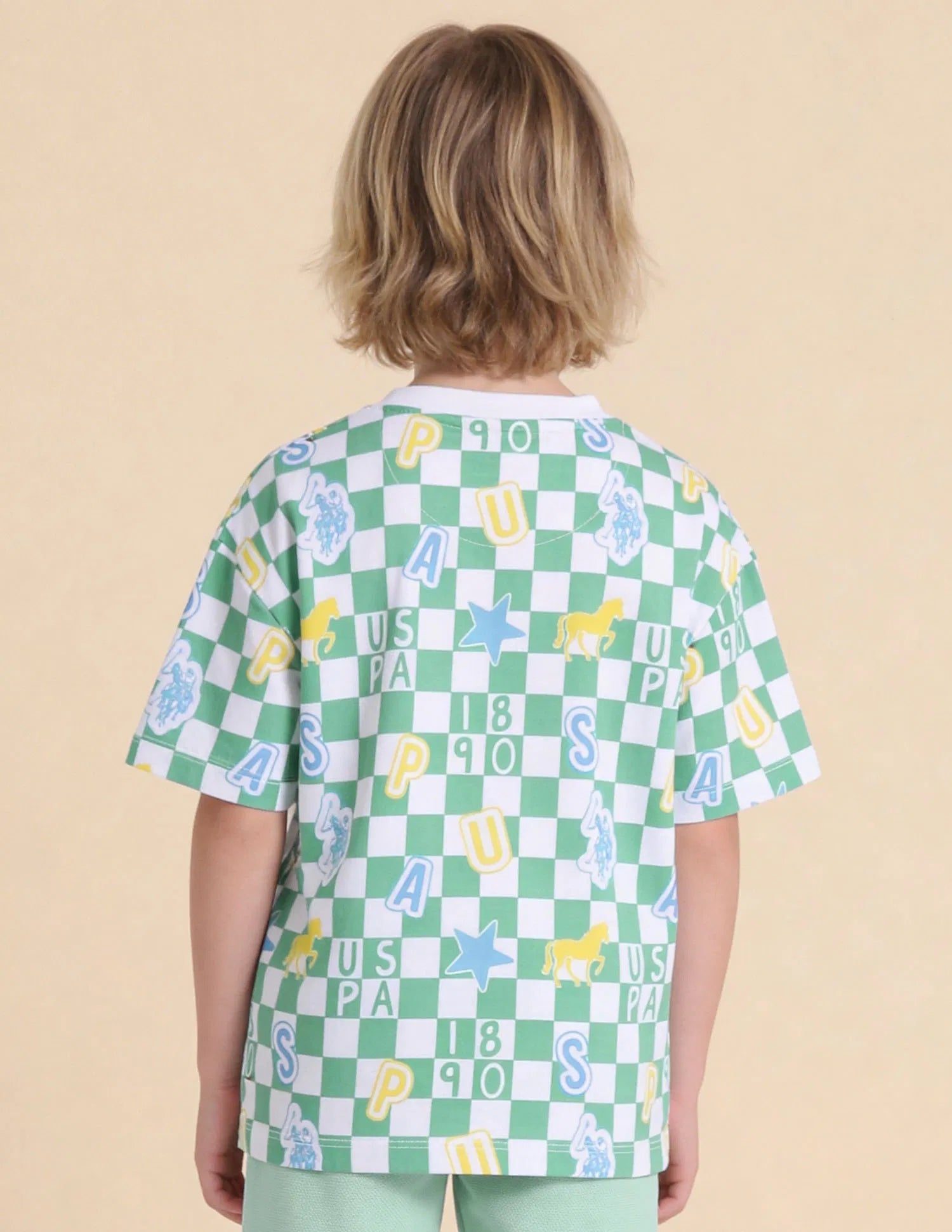 Boys Green Checked Cotton T-Shirt – Oversized Fit