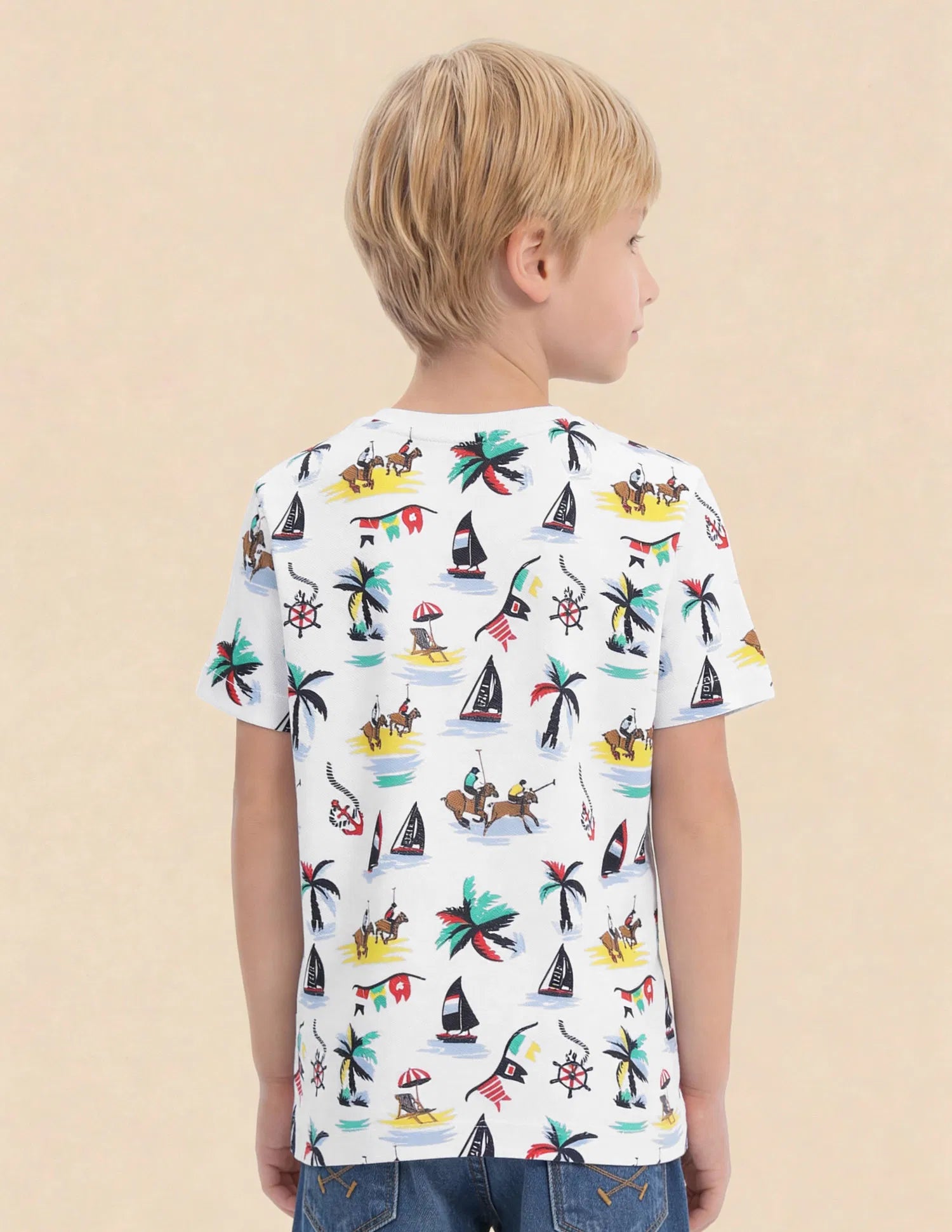 Boys White Cotton All Over Graphic Regular Fit T-Shirt