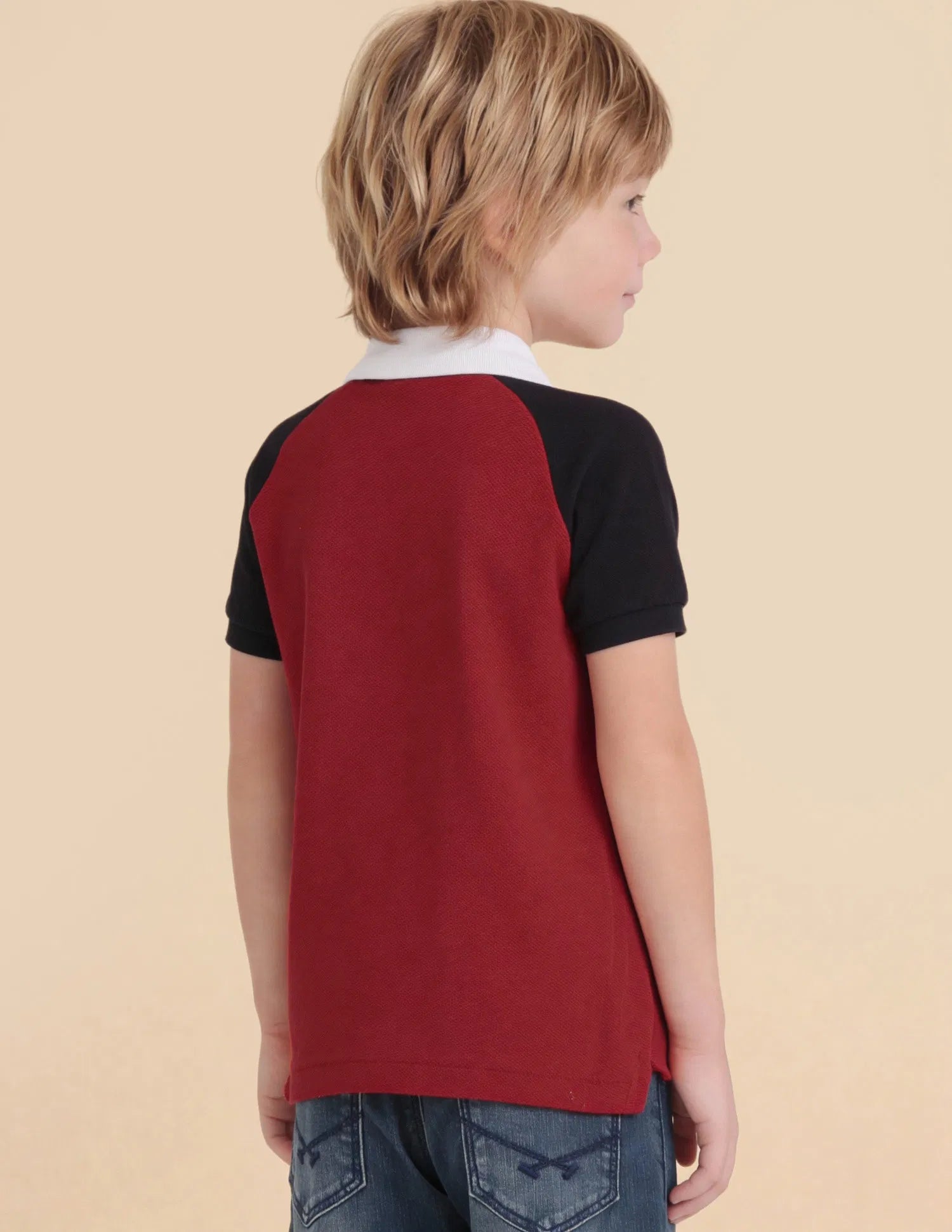 Boys Red Cotton Colour Block Regular Fit Polo Shirt