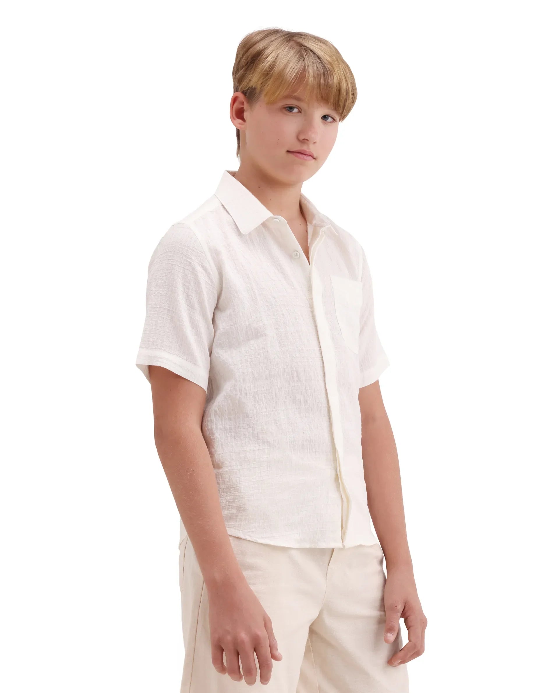 Boys Off White Viscose Blend Regular Fit Shirt