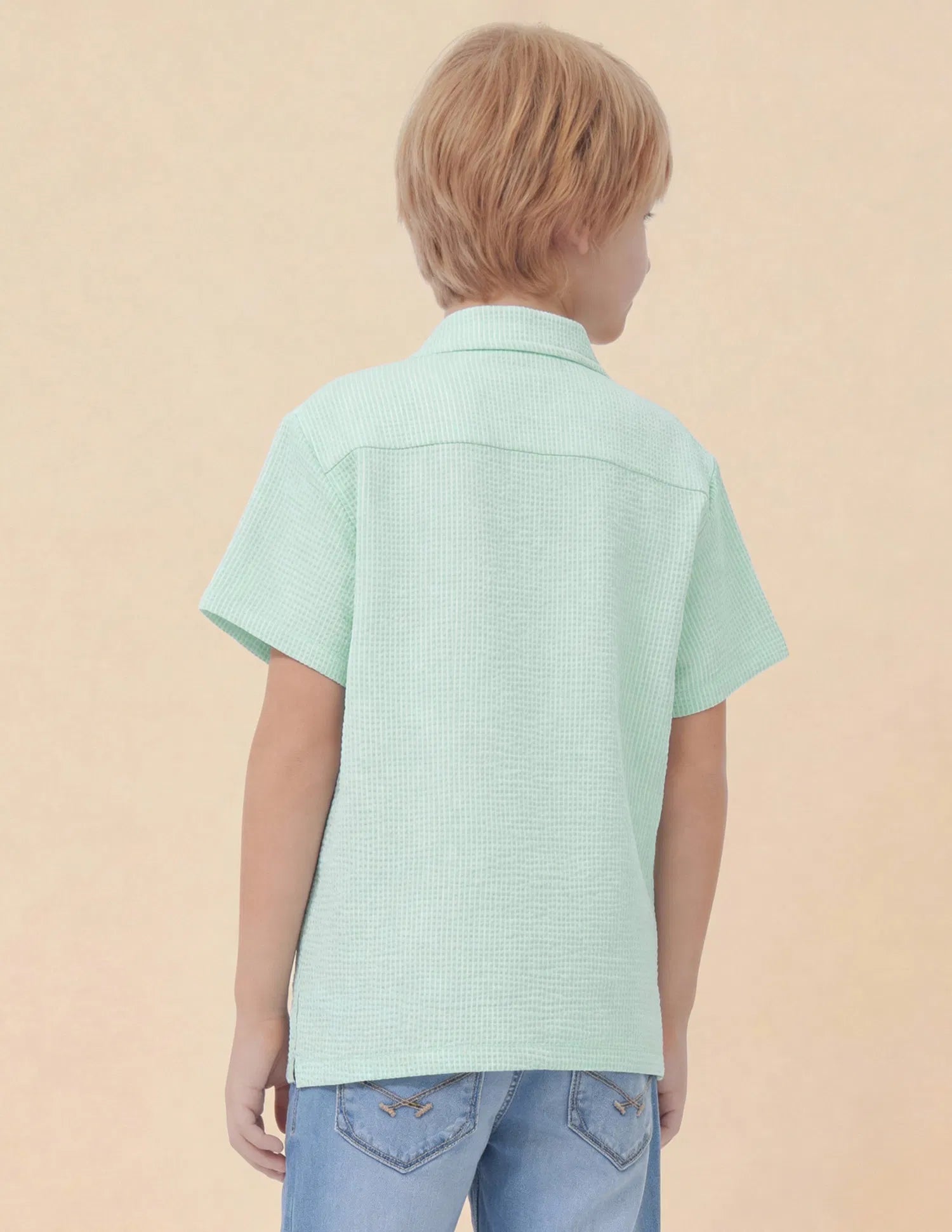 Boys Light Green Vertical Striped Seersucker Shirt – Regular Fit