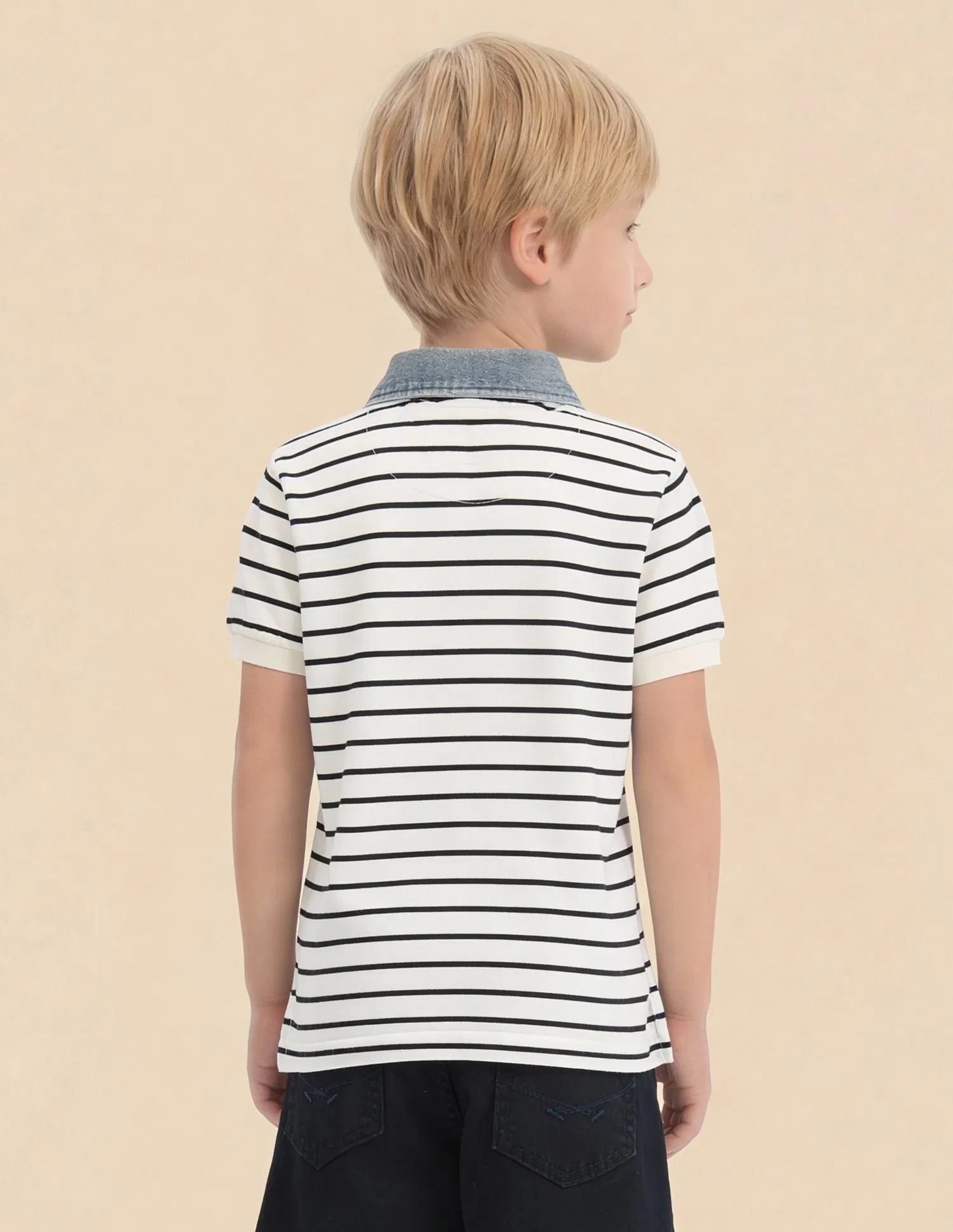 Boys Off White Cotton Horizontal Striped Regular Fit Polo Shirt