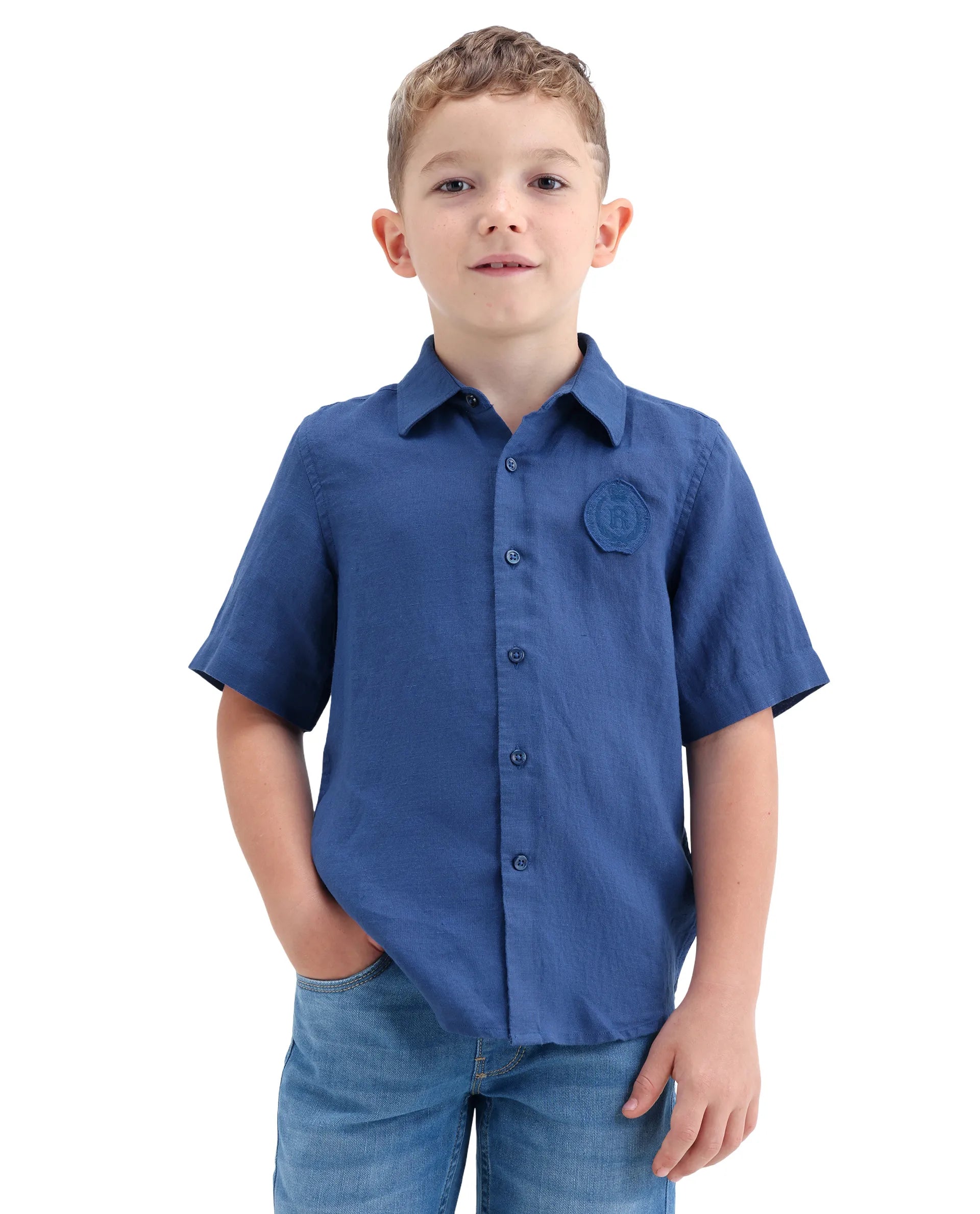 Boys Blue Linen Blend Regular Fit Shirt