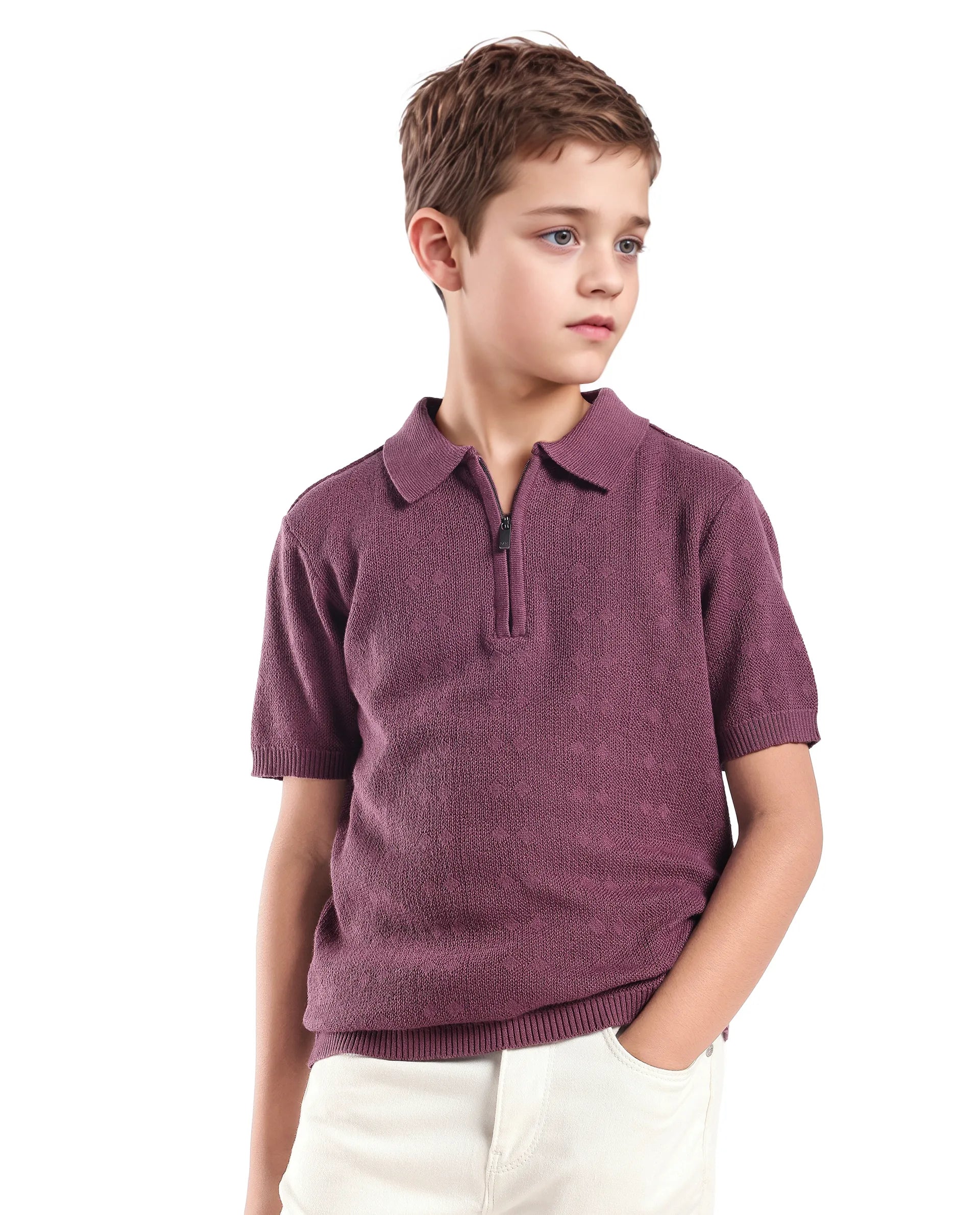 Boys Jacquard Zipper Polo in Dusky Purple