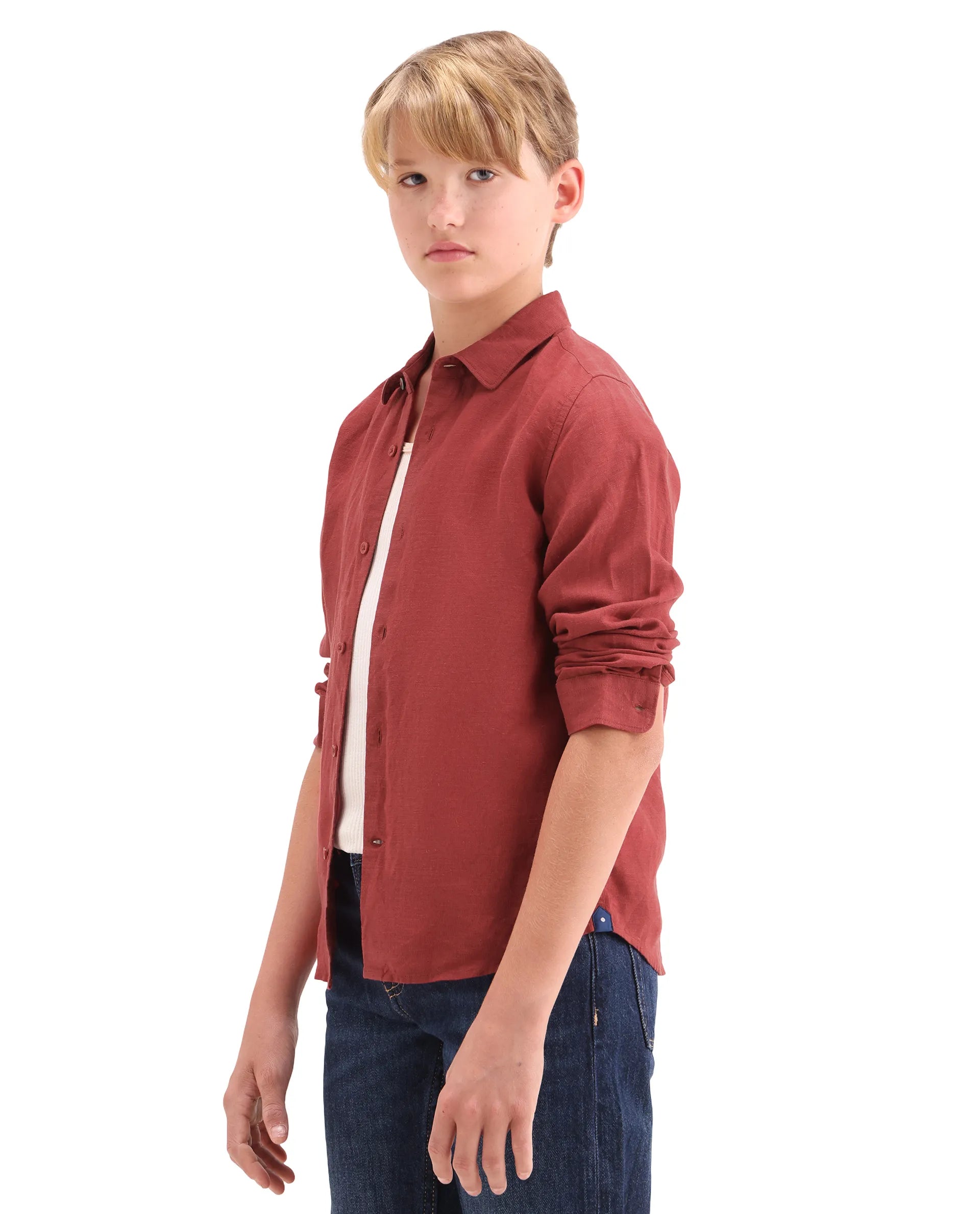 Boys Red Linen Blend Regular Fit Shirt