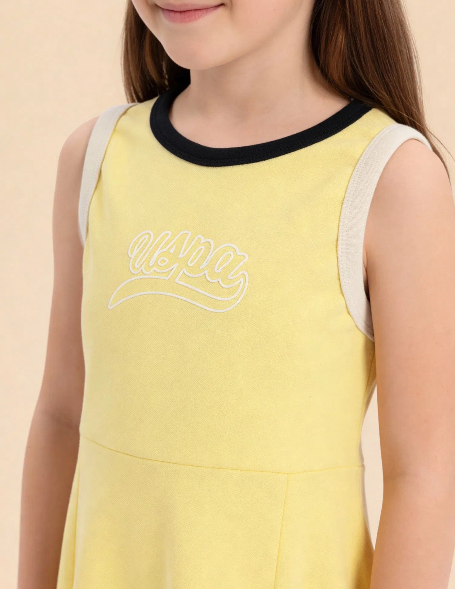 Girls Yellow Cotton Contrast Rib Skater Dress