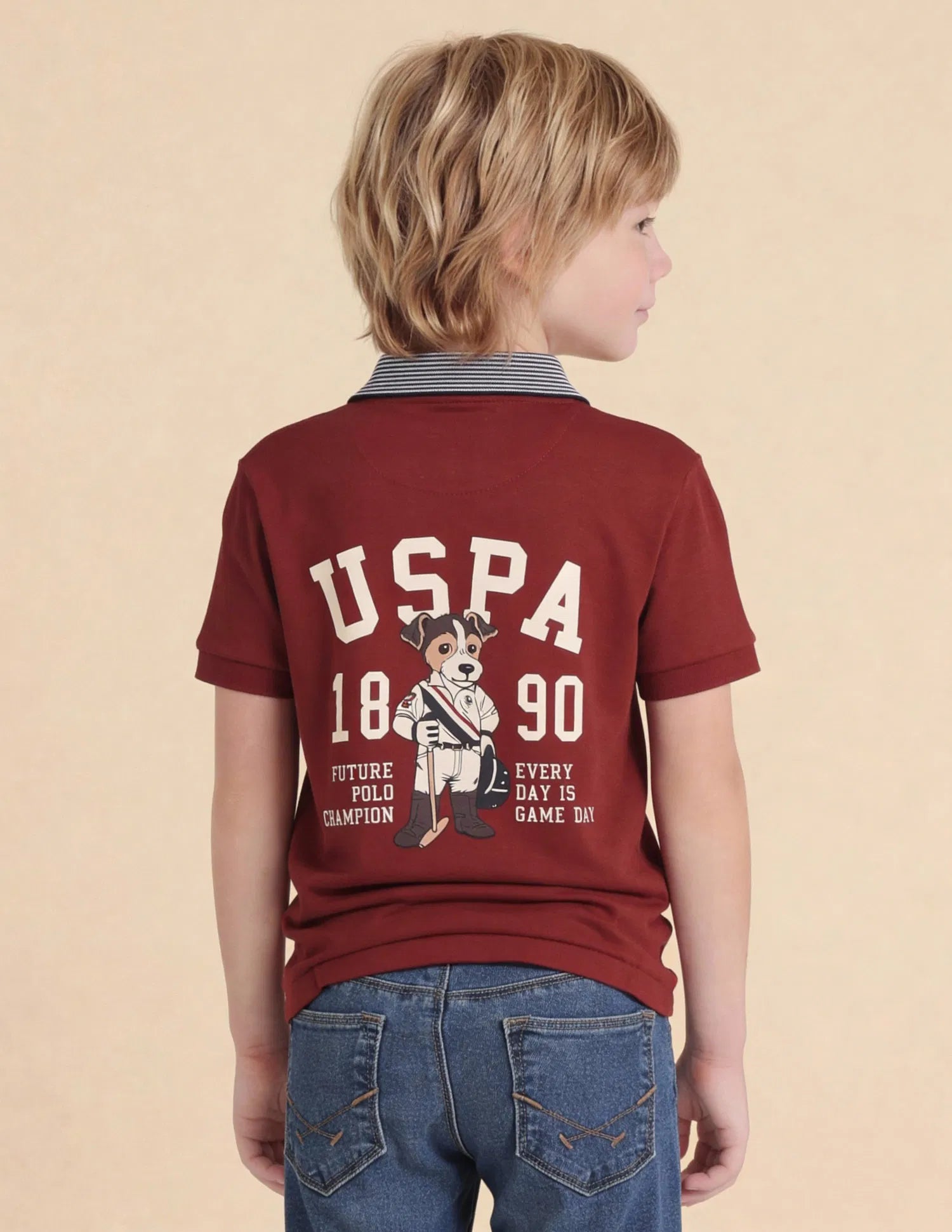 Boys Red Cotton Graphic Print Regular Fit Polo Shirt