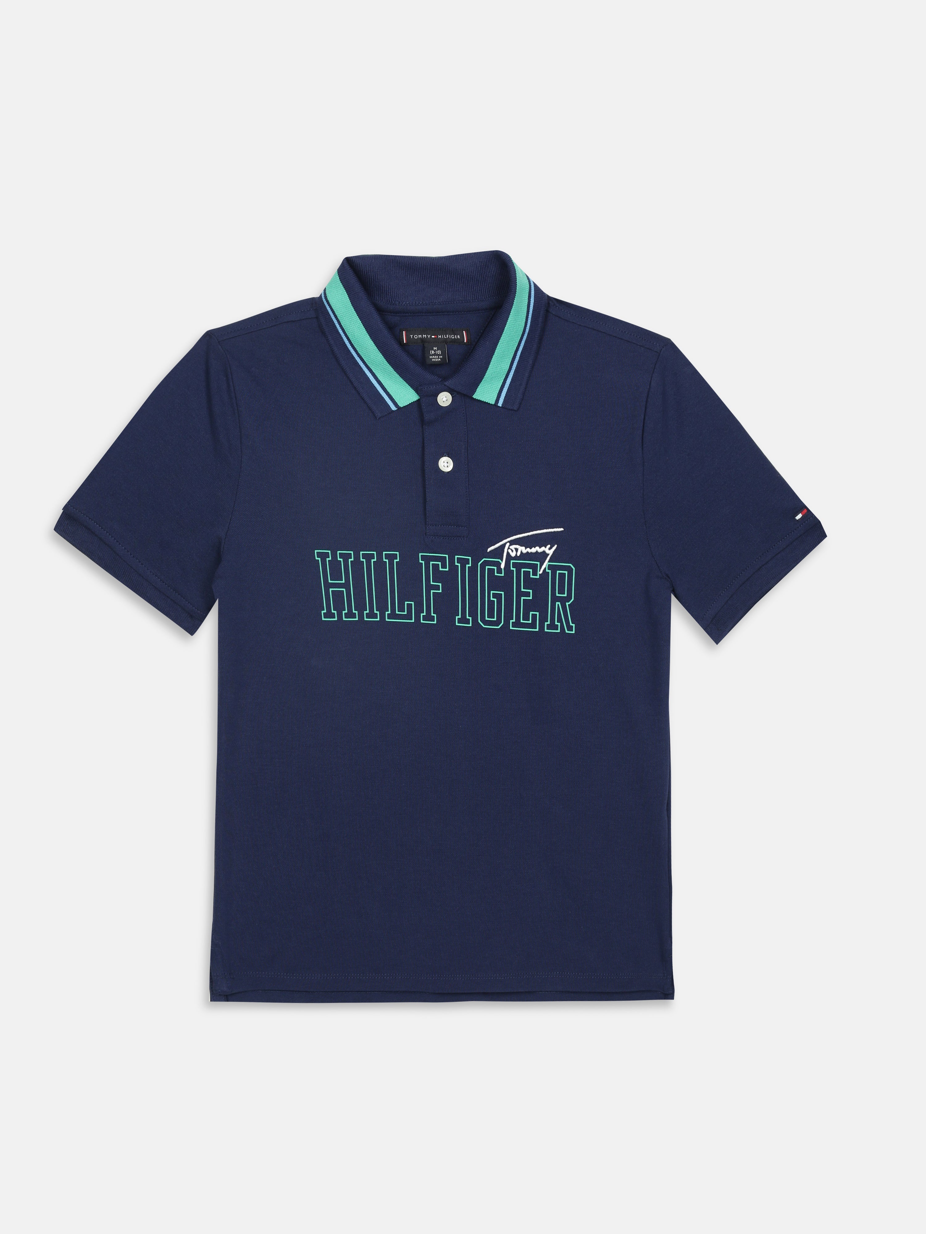 Girls Navy Cotton Logo Knit Polo Casual Top