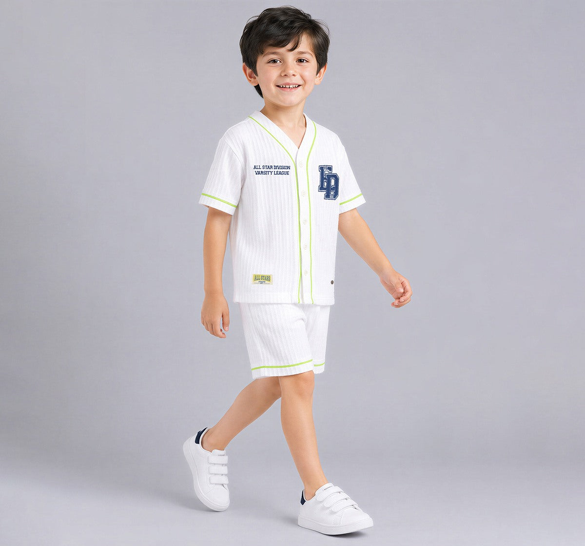 Boys White Seersucker Varsity Shirt and Shorts Co-ord Set