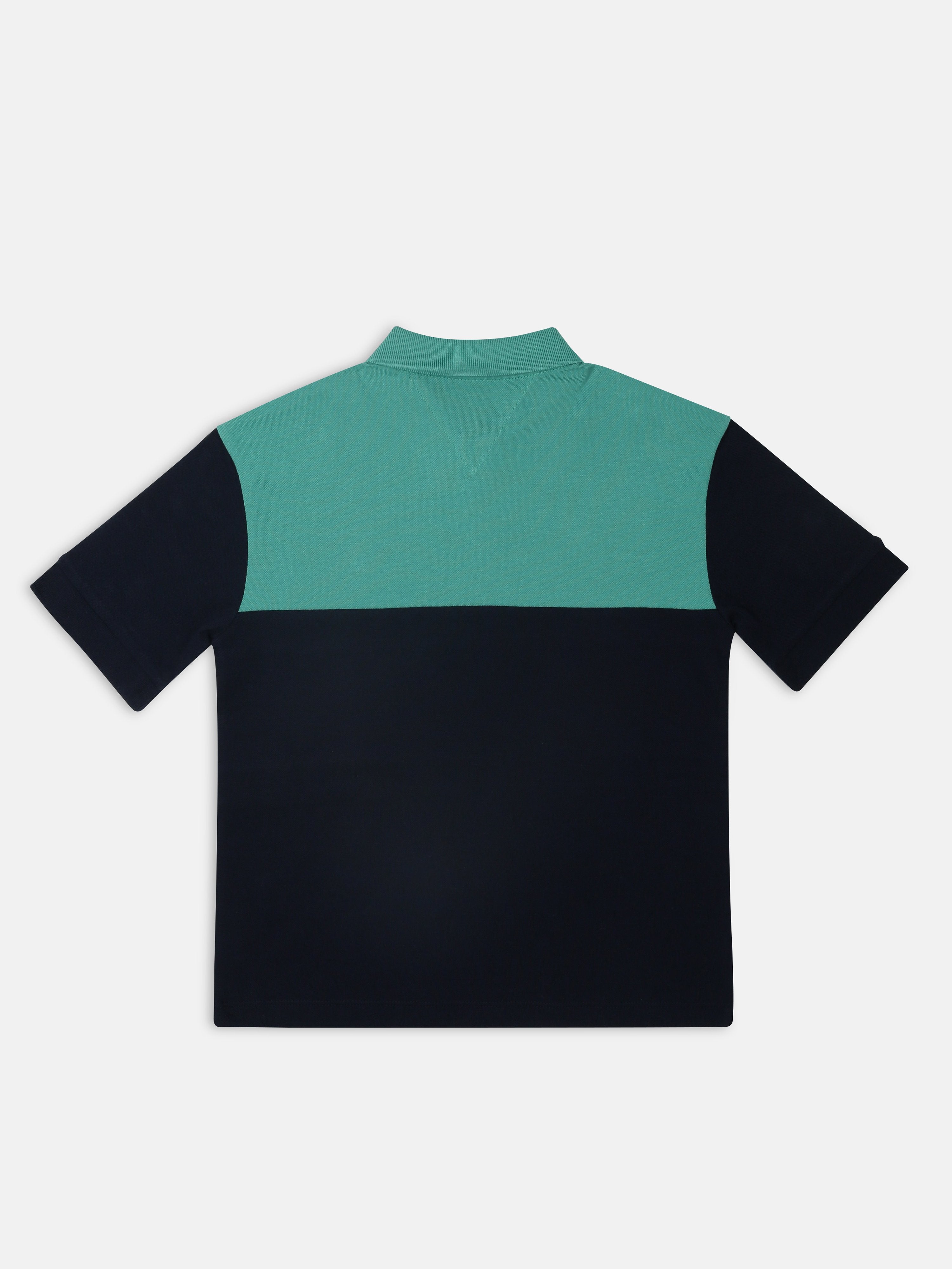 Boys Green Colorblock Polo Collar Knit T-Shirt