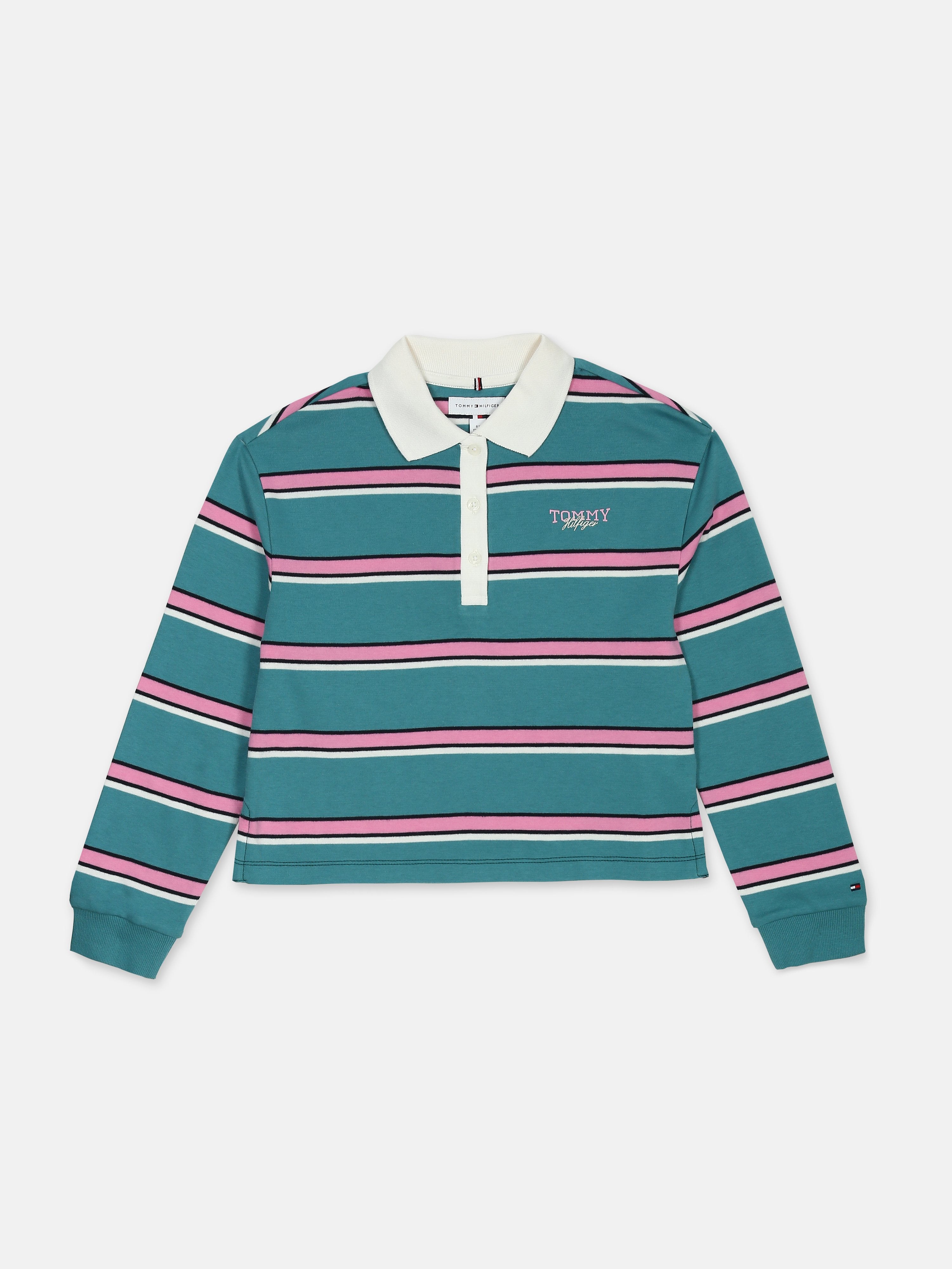 Striped Cotton Polo T-Shirt for Girls Teal