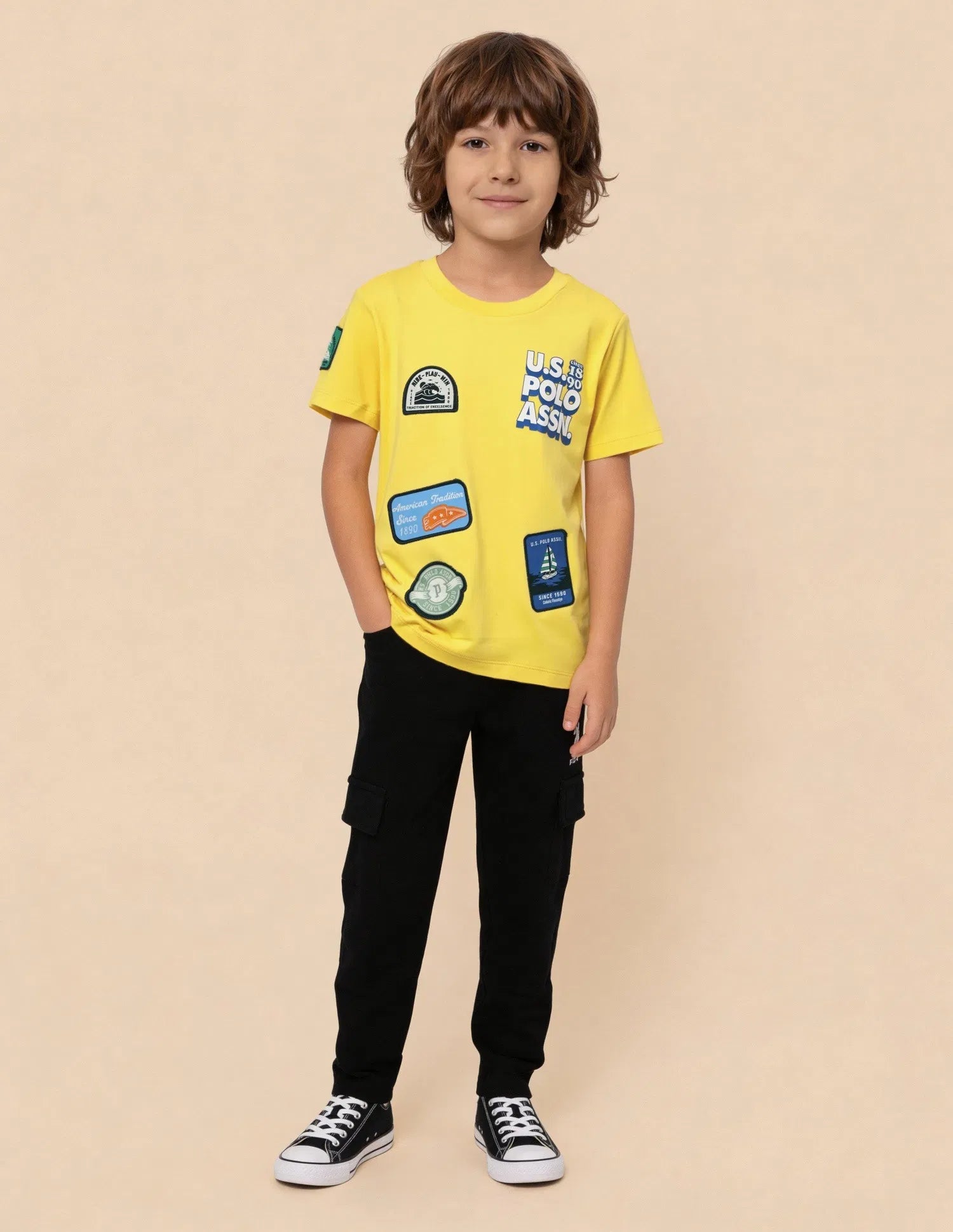Boys Light Yellow Cotton Applique Regular Fit T-Shirt